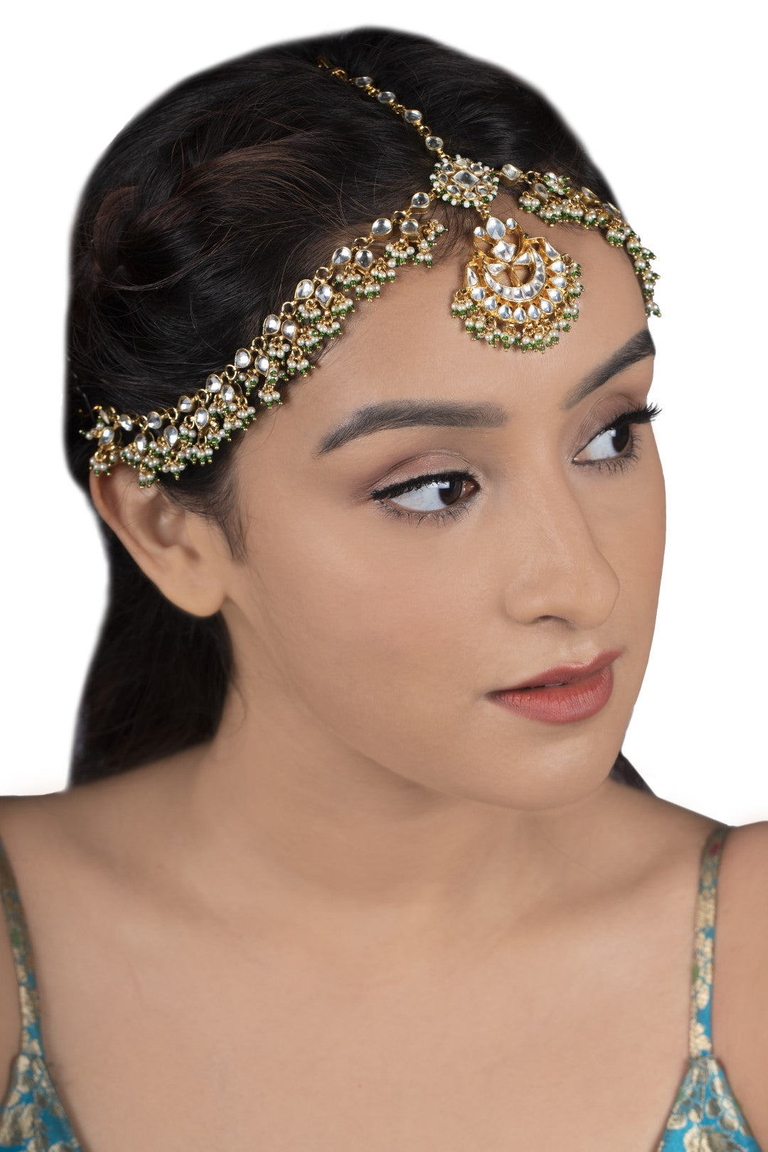 Flower With Green Hangings Gold Plated Mathapatti
