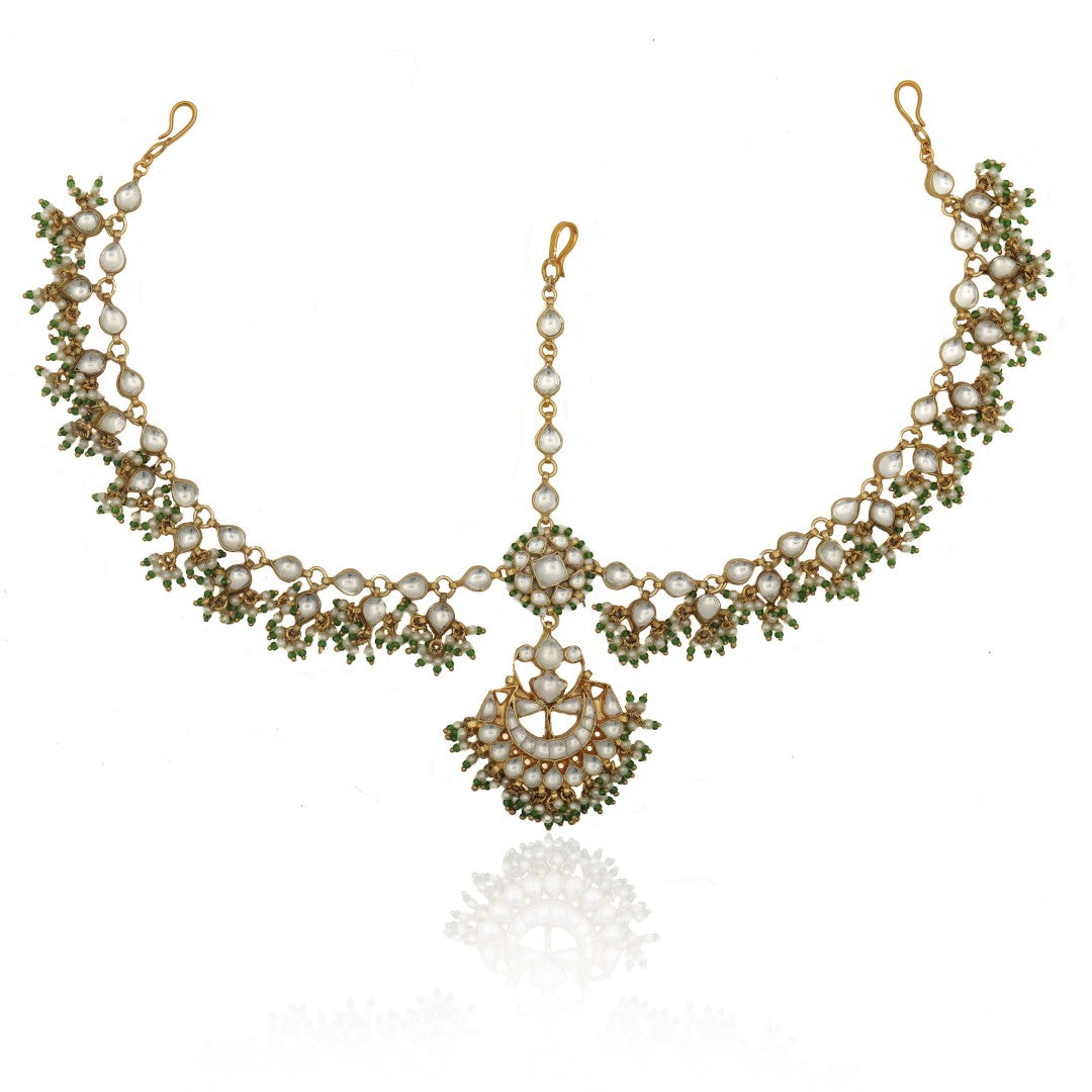 Flower With Green Hangings Gold Plated Mathapatti