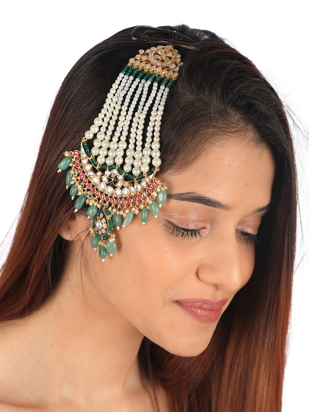 Sea green & pink gold tone jadtar passa