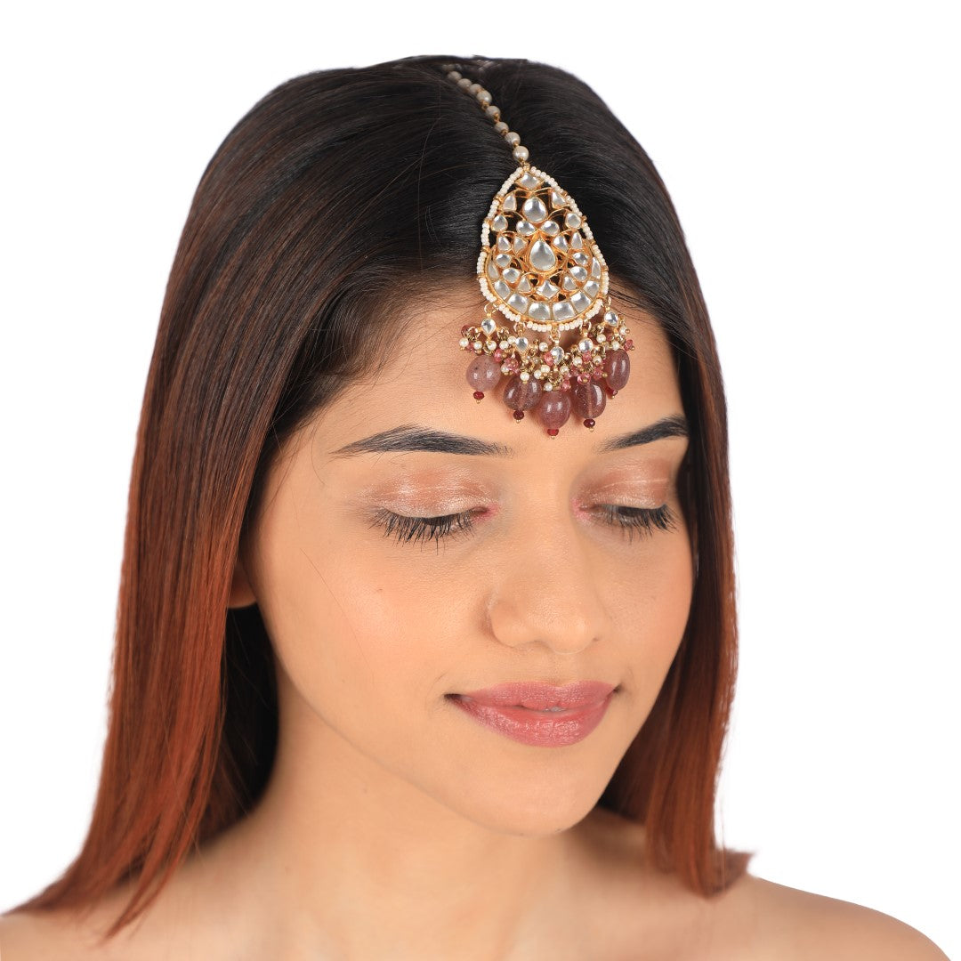 Pastel pink bead gold plated maangtikka