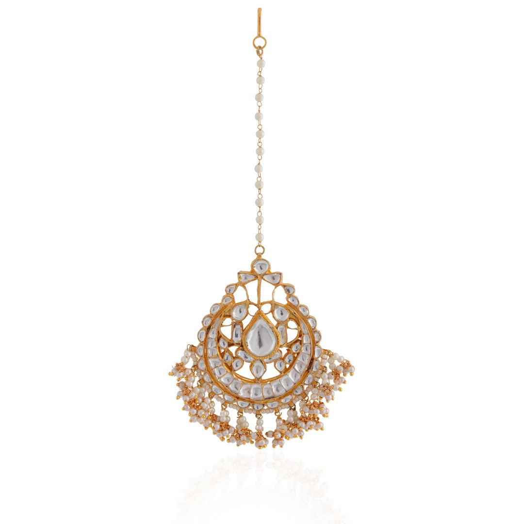 Gold plated pearl and jadtar studded maangtikka