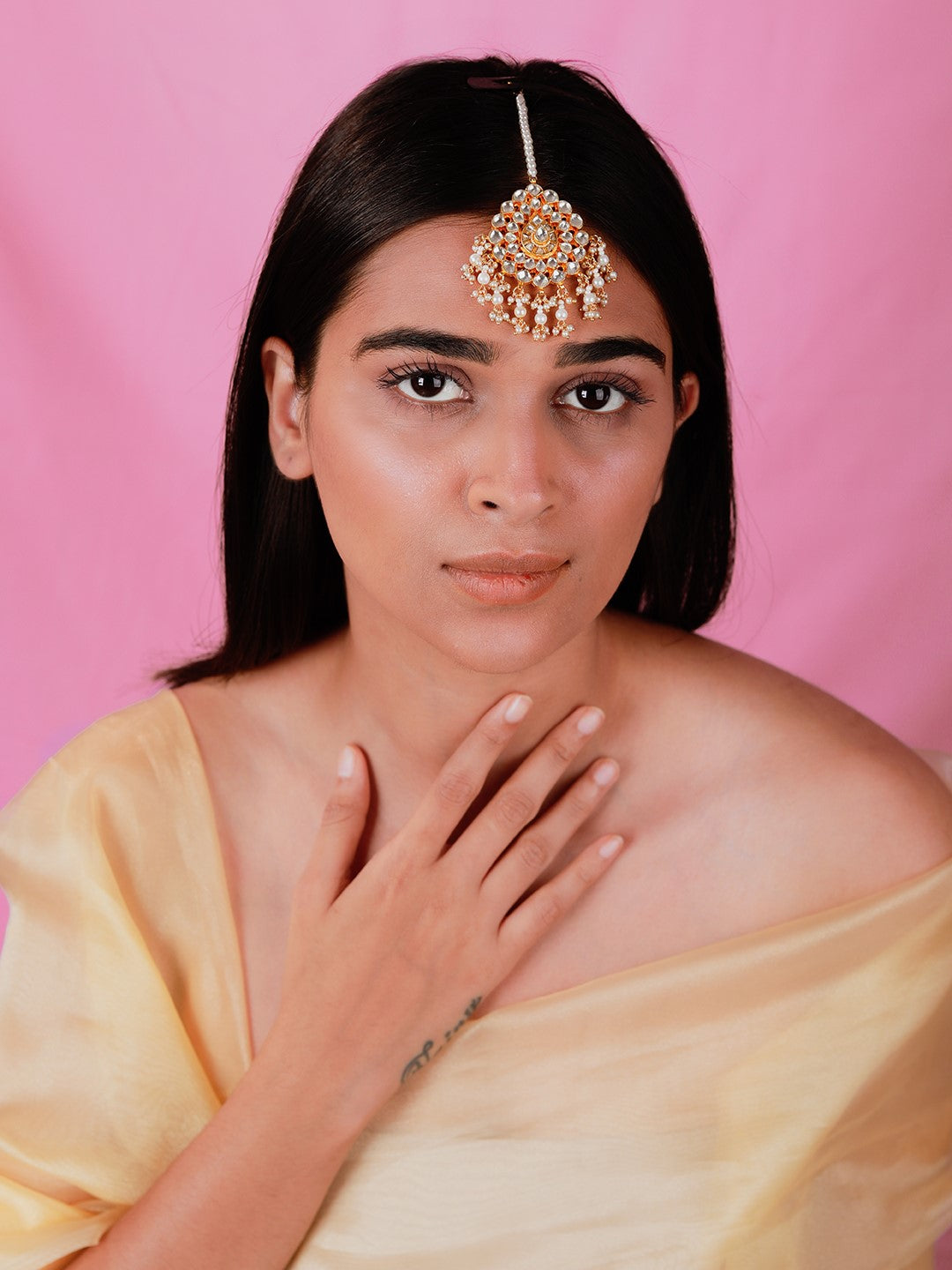 Riana traditional gold plated pearl beads jadtar maang-tikka