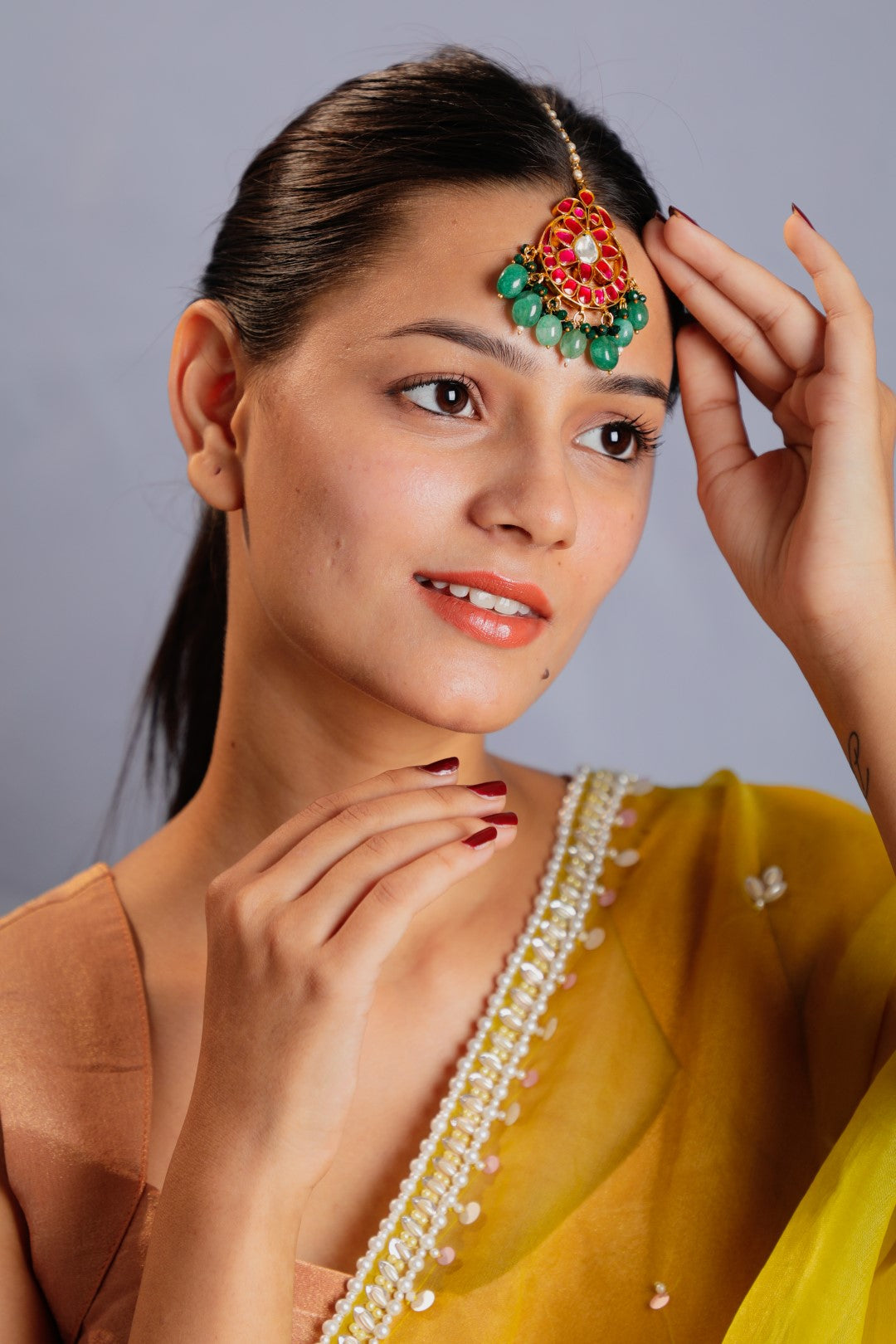 Pink gold plated maangtikka