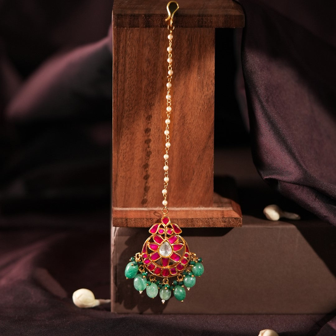 Pink gold plated maangtikka
