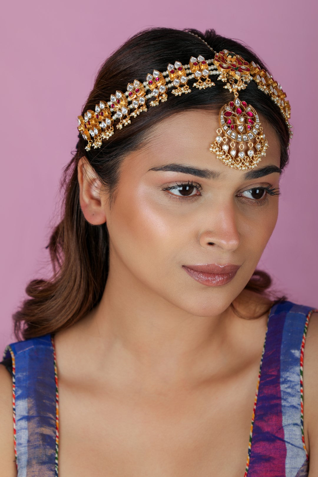 Peacock design pink & Green gold plated Mathapatti