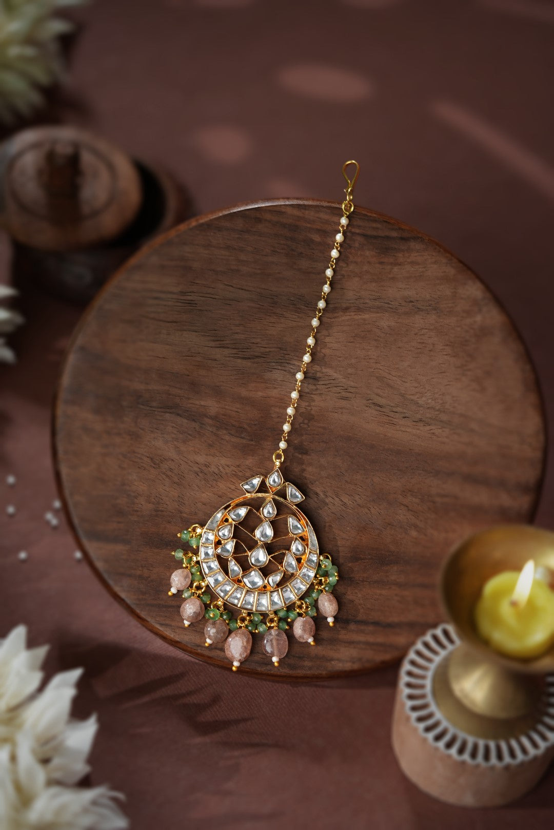 Pastel pink beaded maangtika
