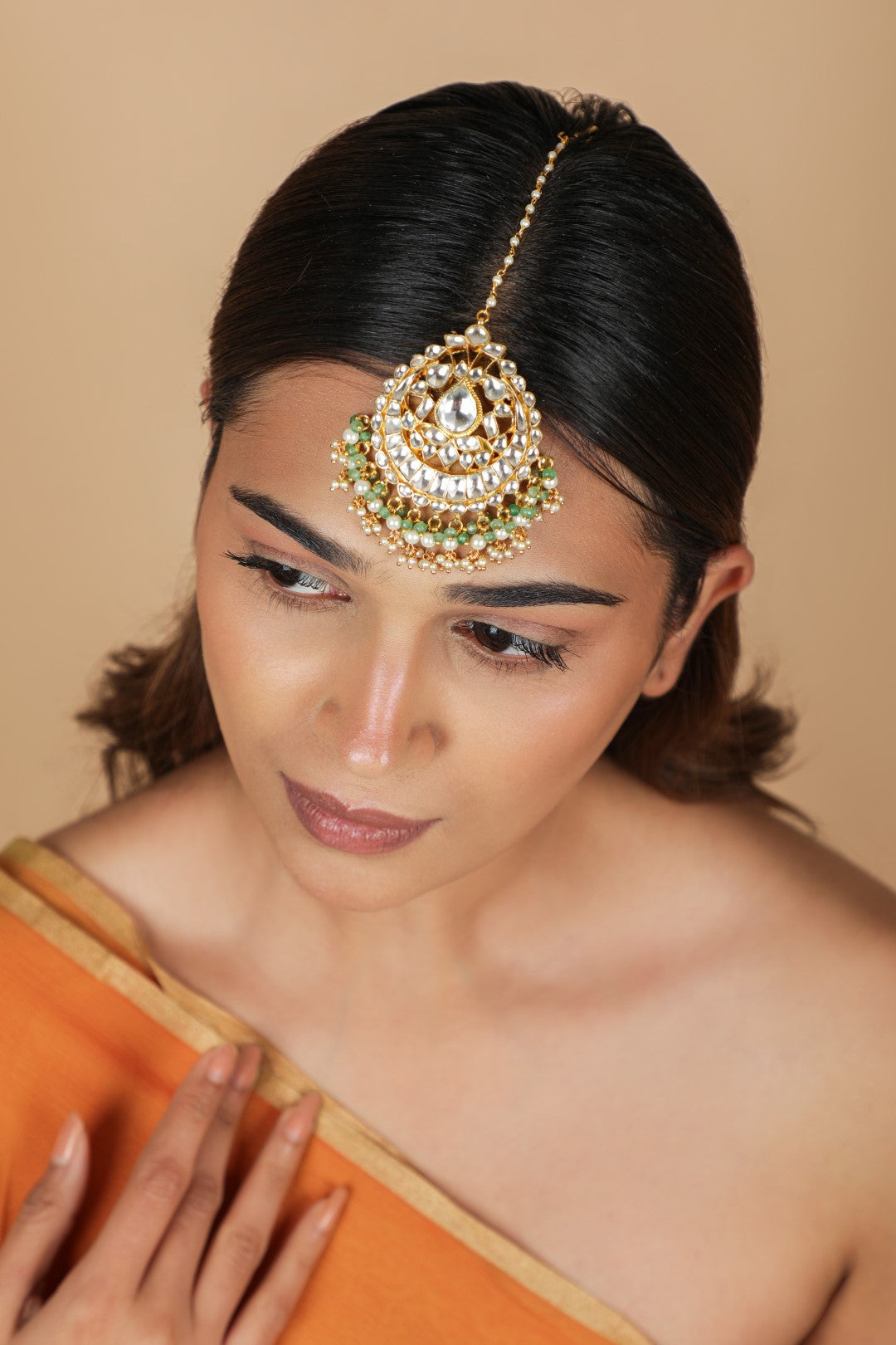 Bridal jadau gold plated pearl maang tikka