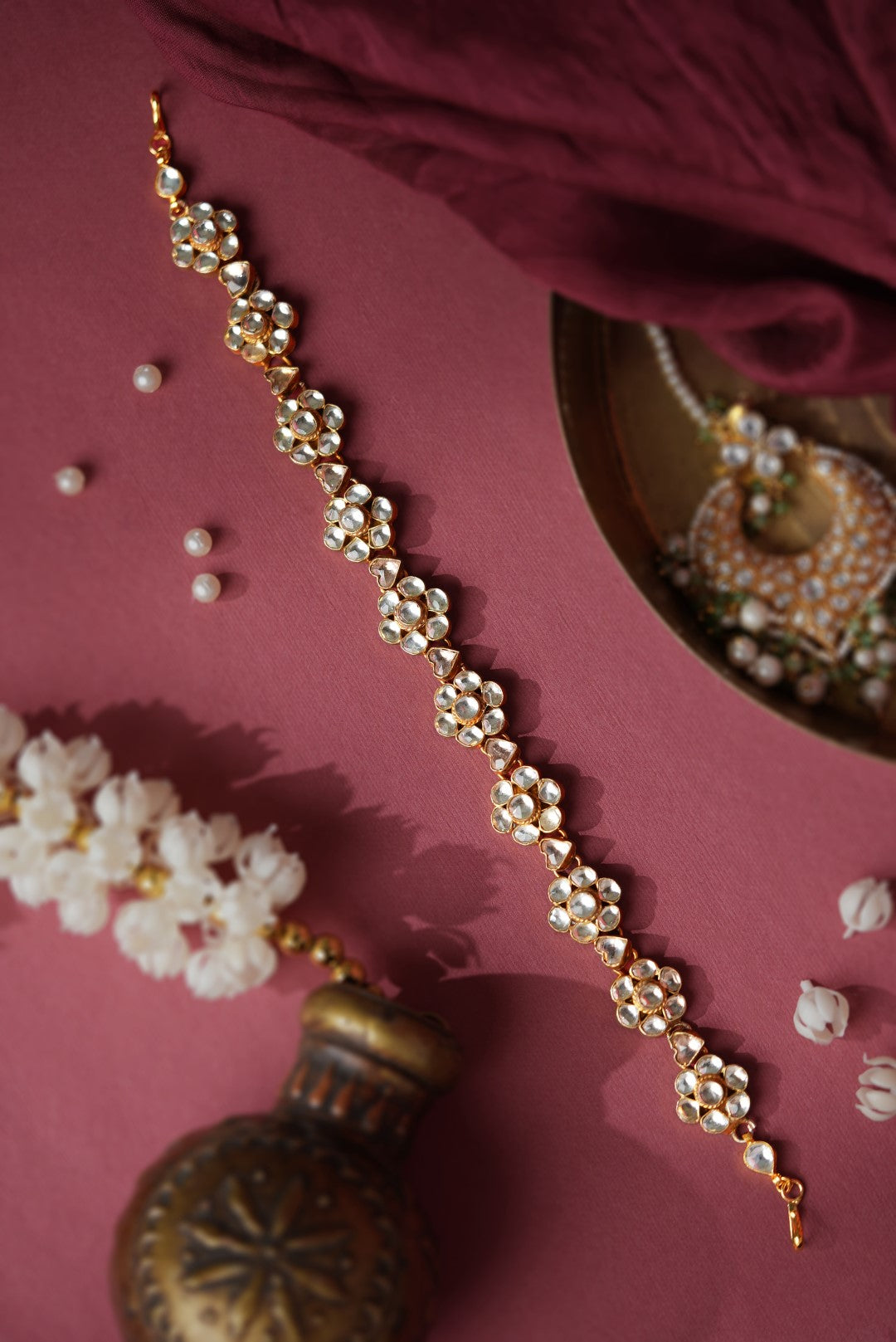 Floral chain hairband with kundan pachi stones