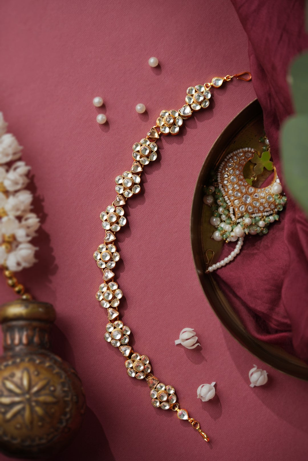 Floral chain hairband with kundan pachi stones