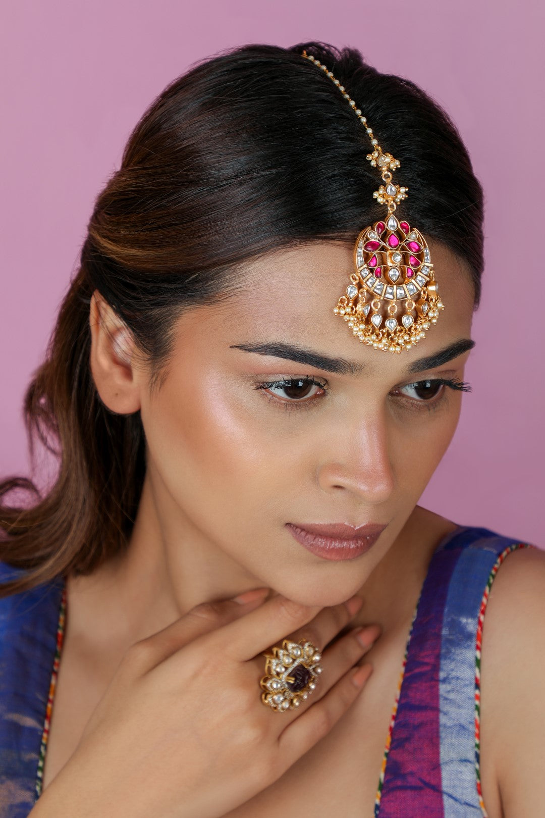 Ruby Pink Kundan & Pearl Maang Tikka