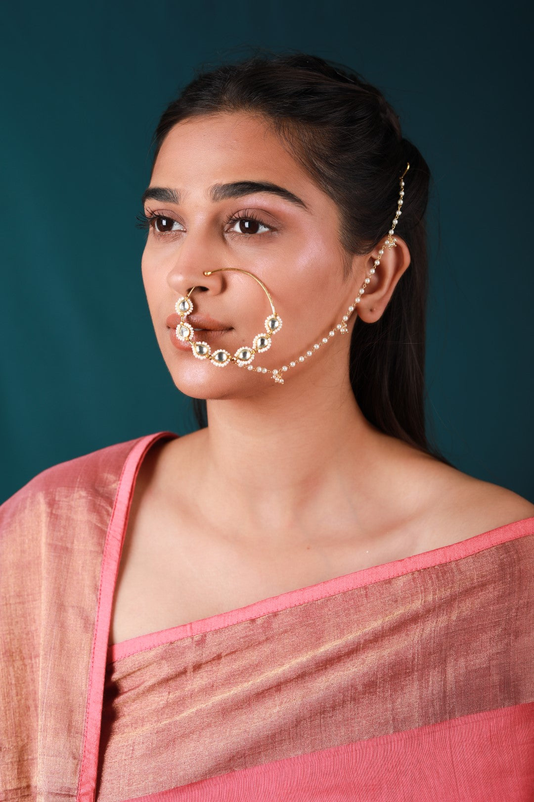 White Gold Pearl Nath