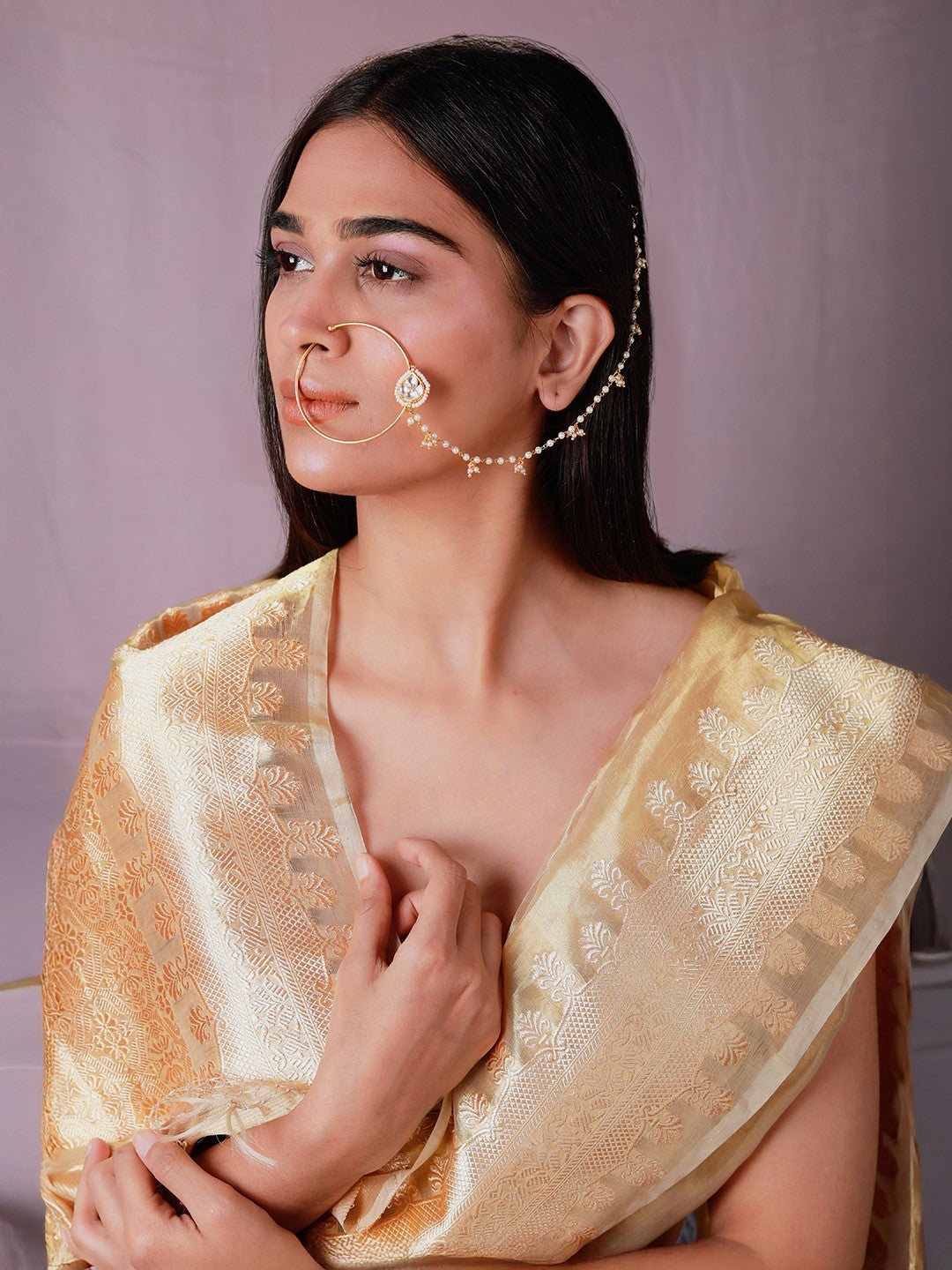 Emerald Gold Plated White Nath With White Stone