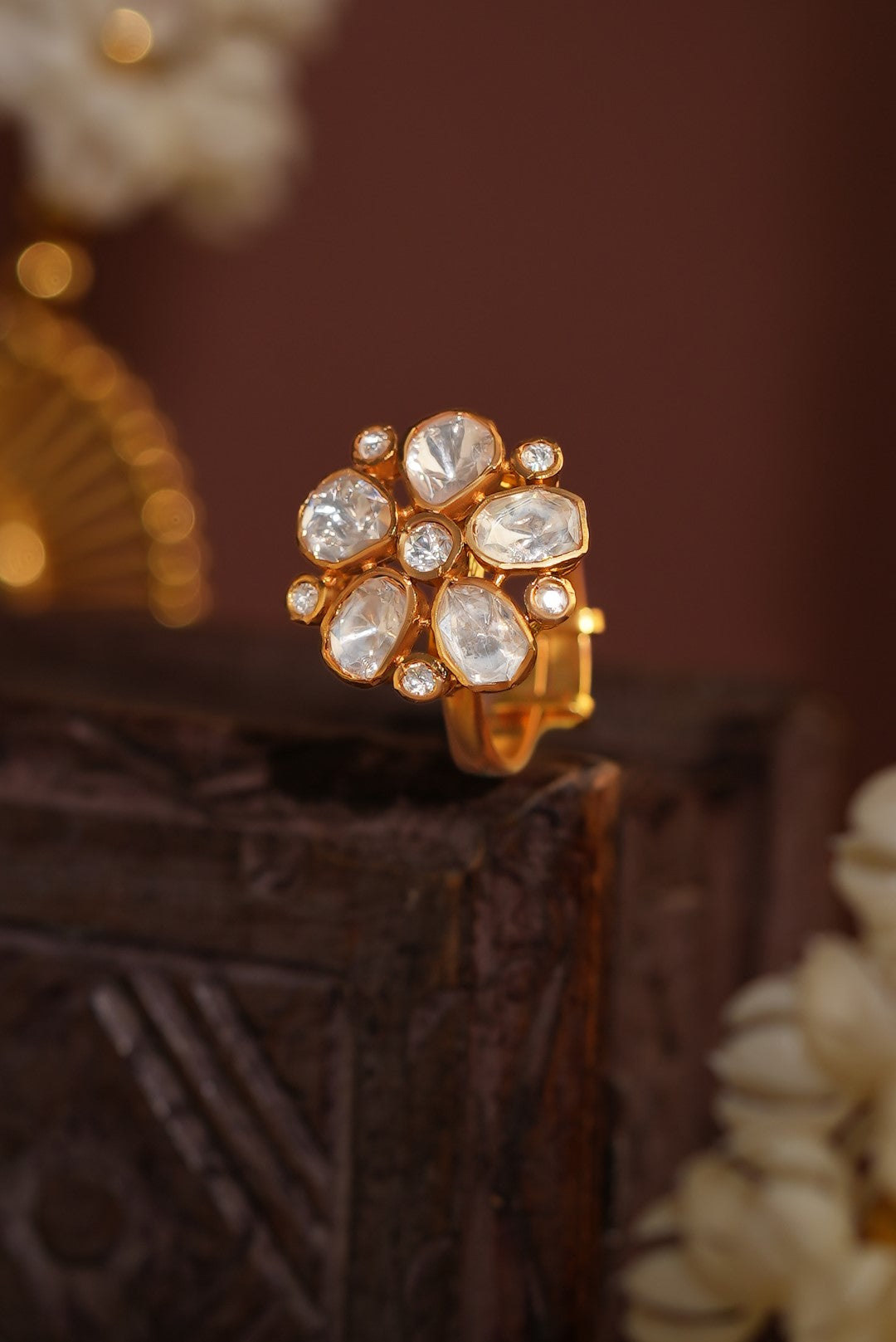 Gold-toned moissanite floral ring