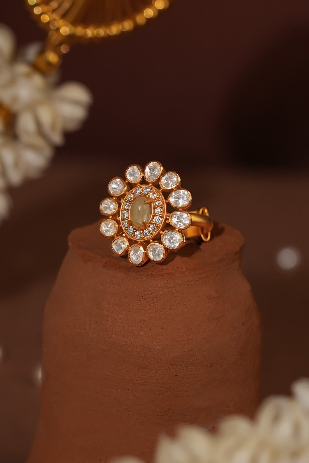 Sea green jade floral ring