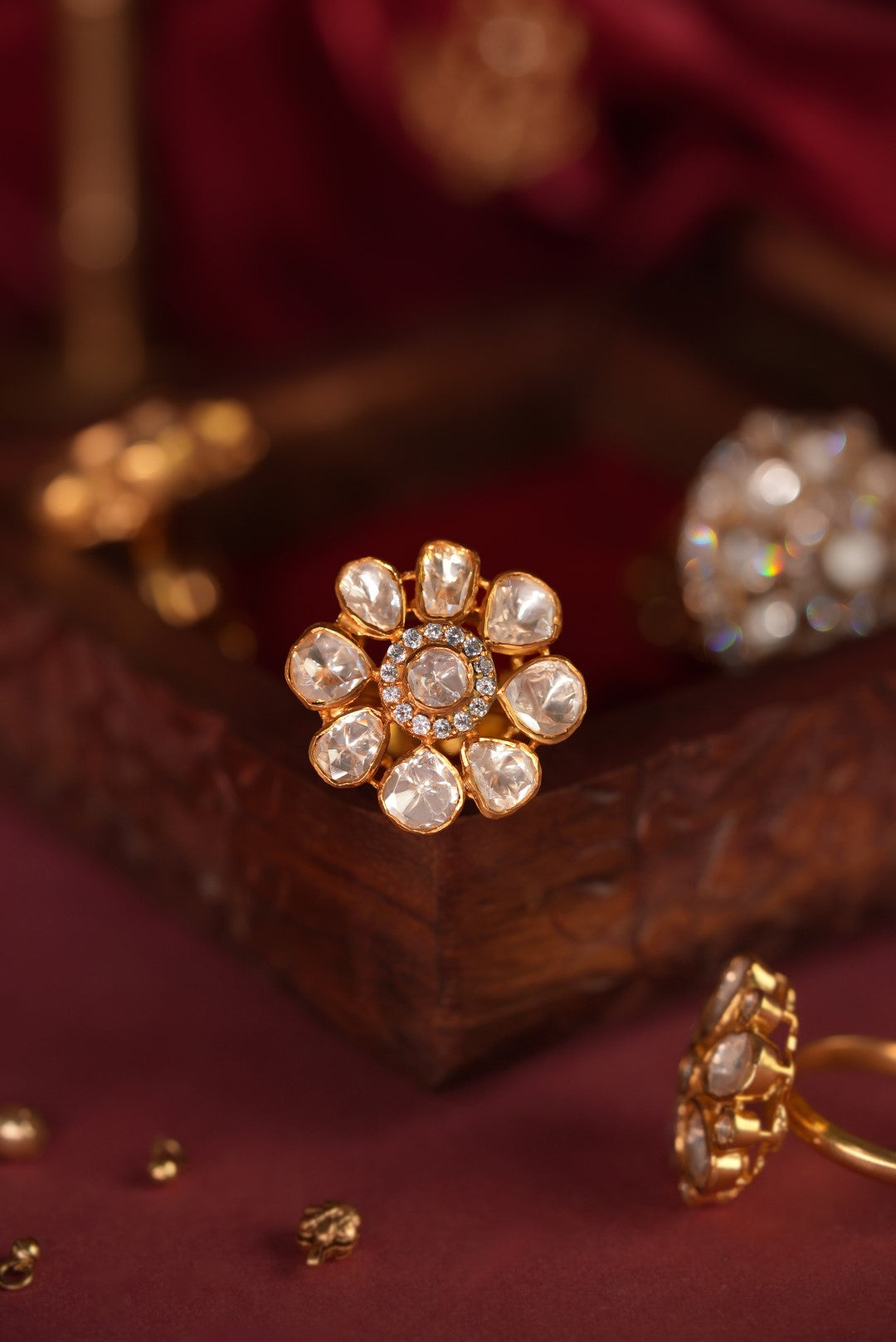 Gold plated ring floral design with uncut moissanite stones