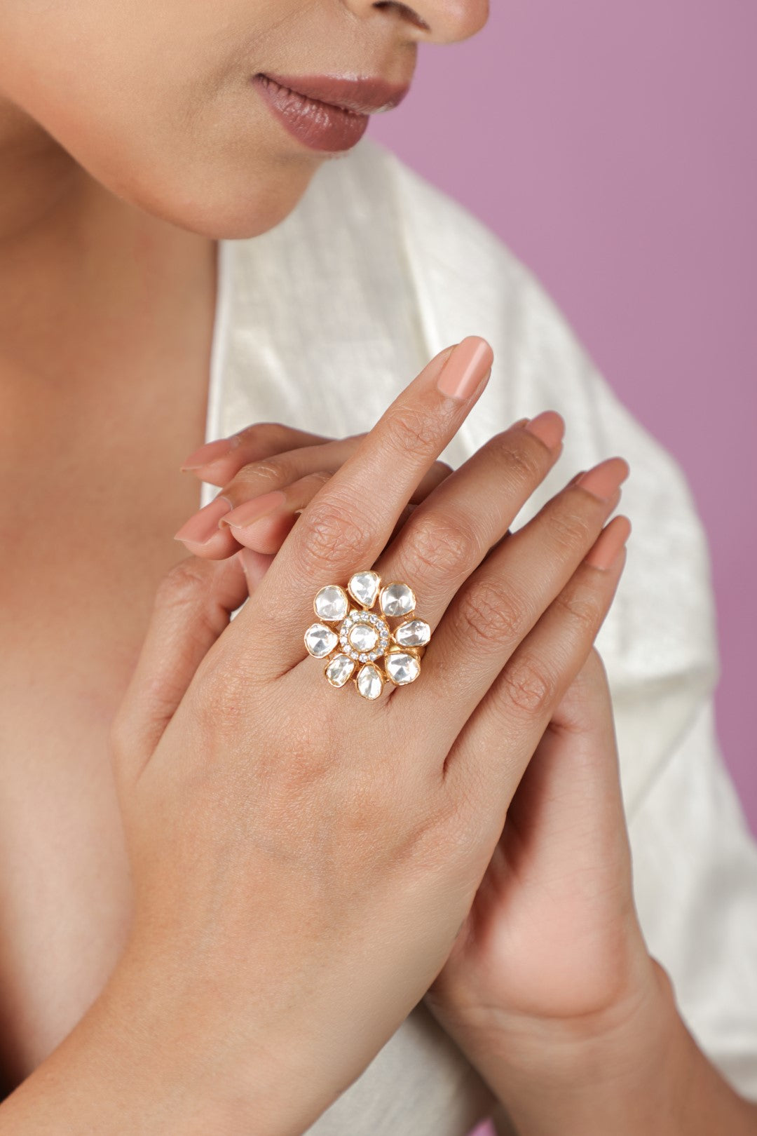 Gold plated ring floral design with uncut moissanite stones