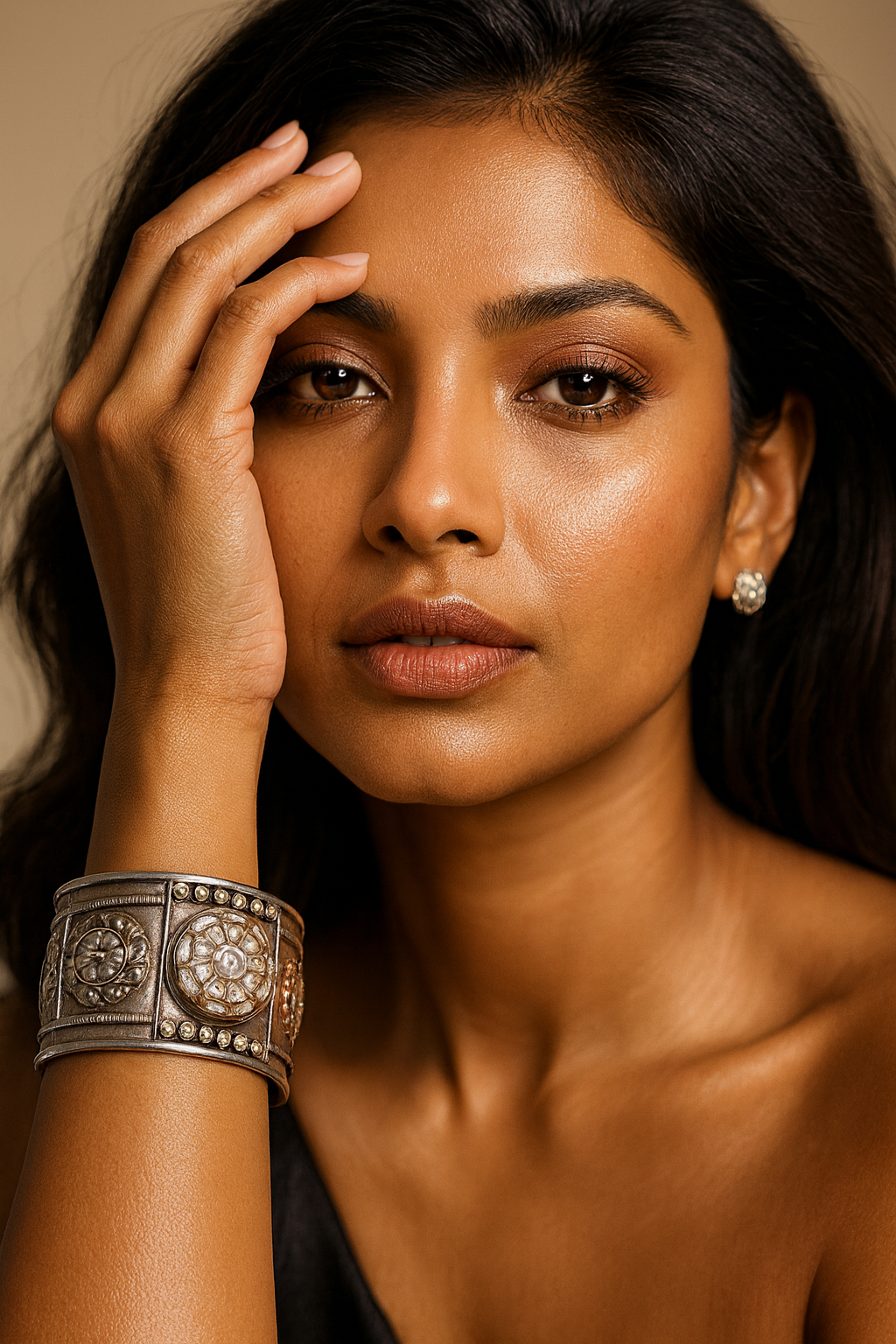 Textured Silver Statement Cuff with Kundan Accents