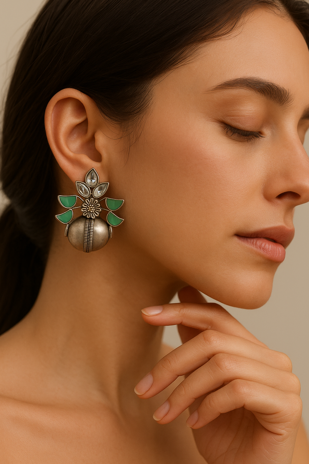 Green Enamel Dome Studs in Silver
