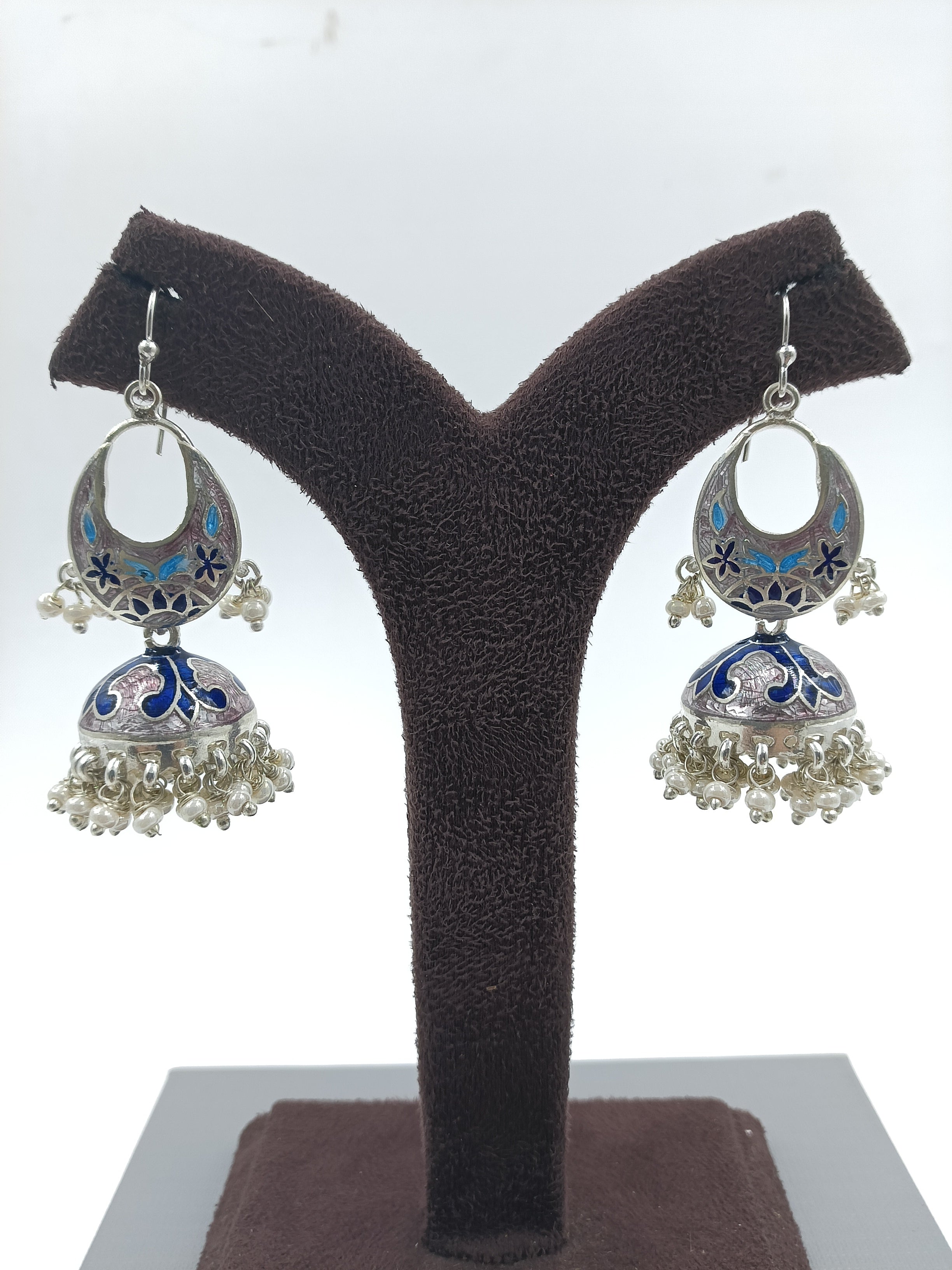 Double Jhumka Earrings in Silver with Meenakari and Pearls
