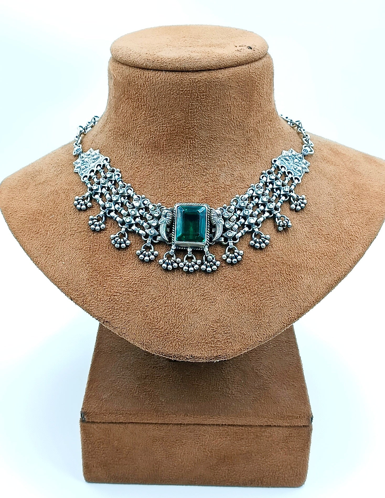 Oxidized Silver Choker with Green Stone Centerpiece