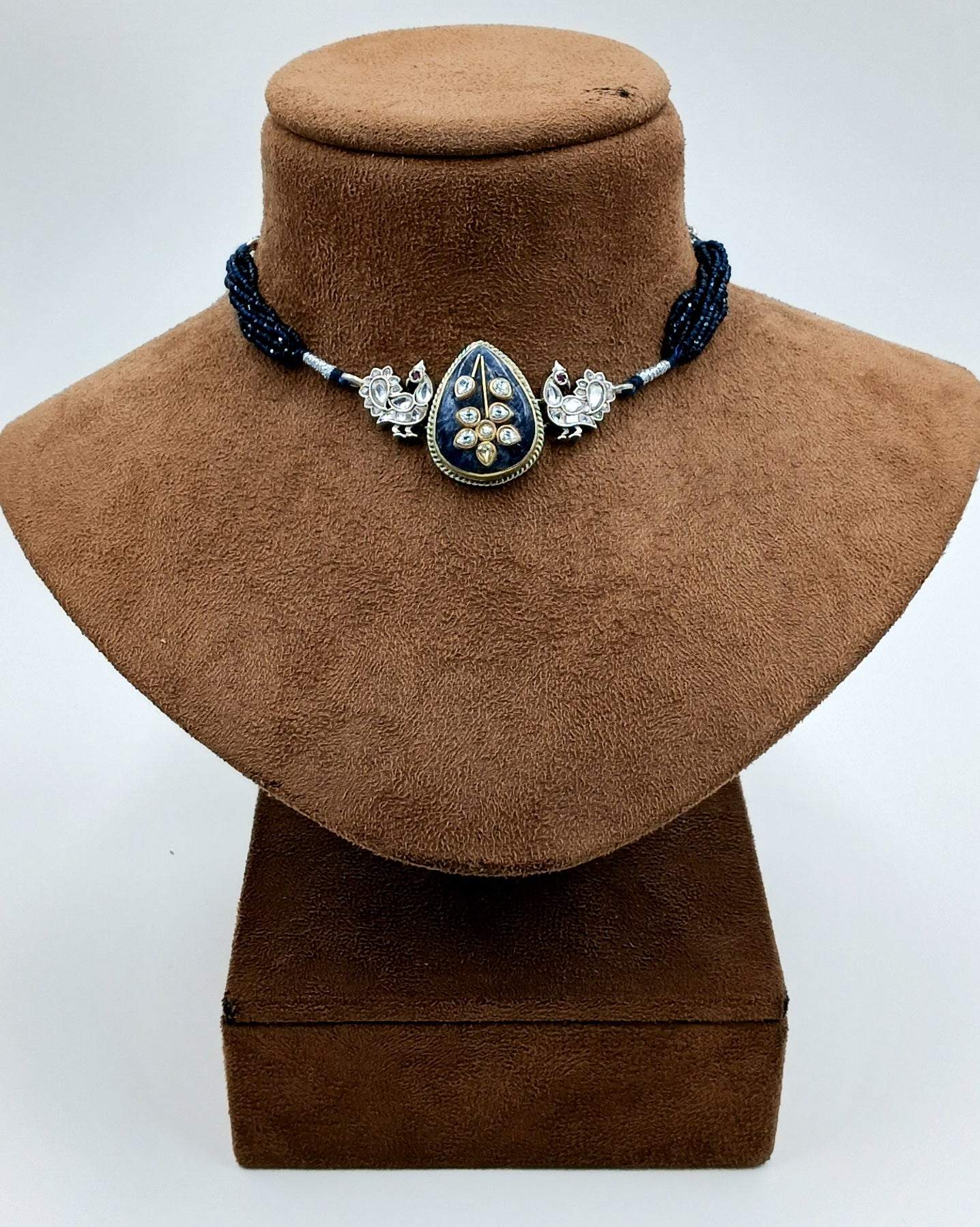 Teardrop Blue Enamel Necklace with Kundan Birds