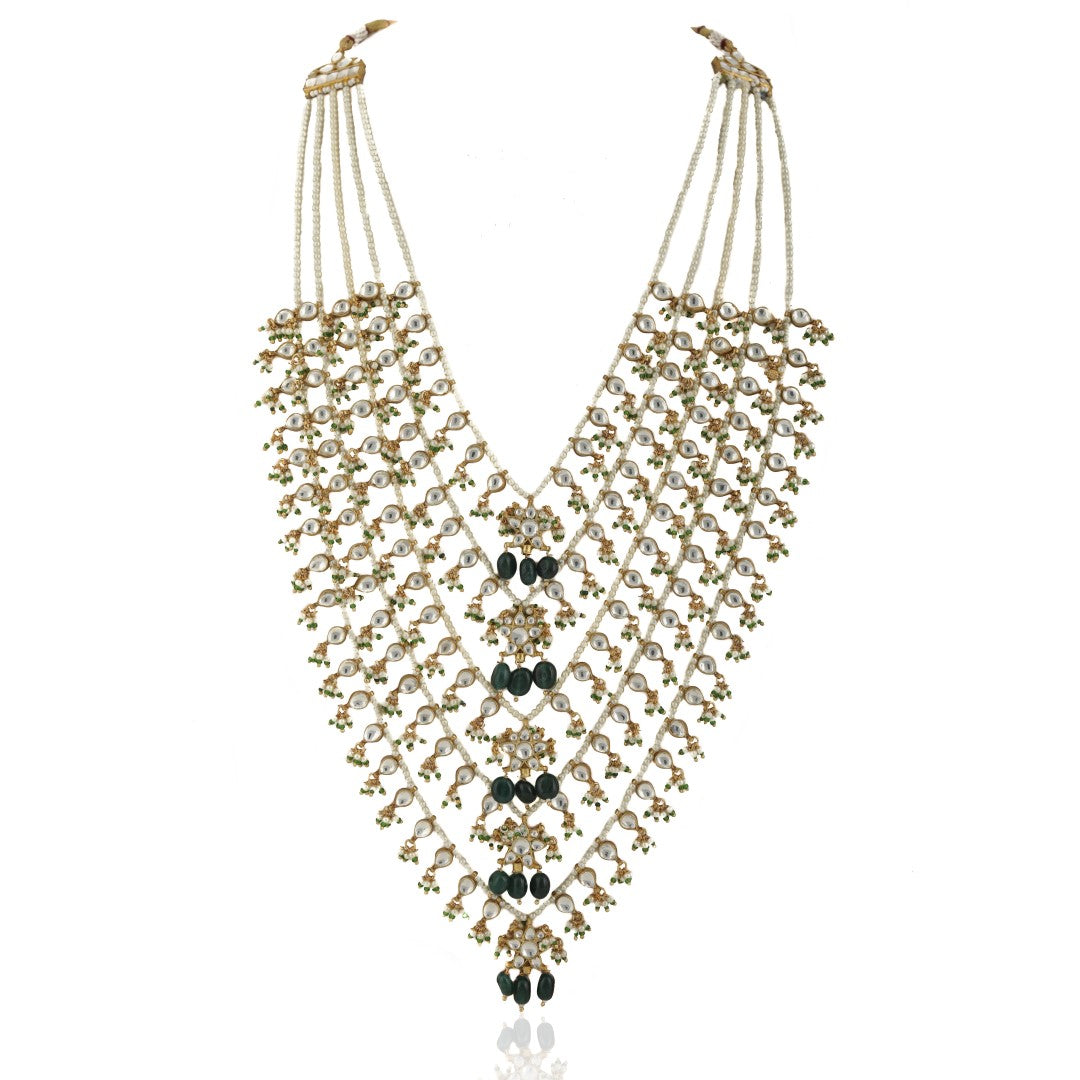 Green And White 5 Line Set Middle Flower Shape On Pearl String