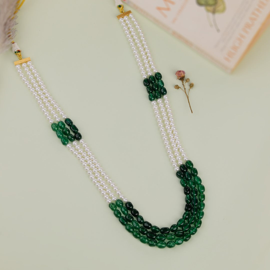 Emerald Green Beaded Maala Three Layered Pearl Necklace