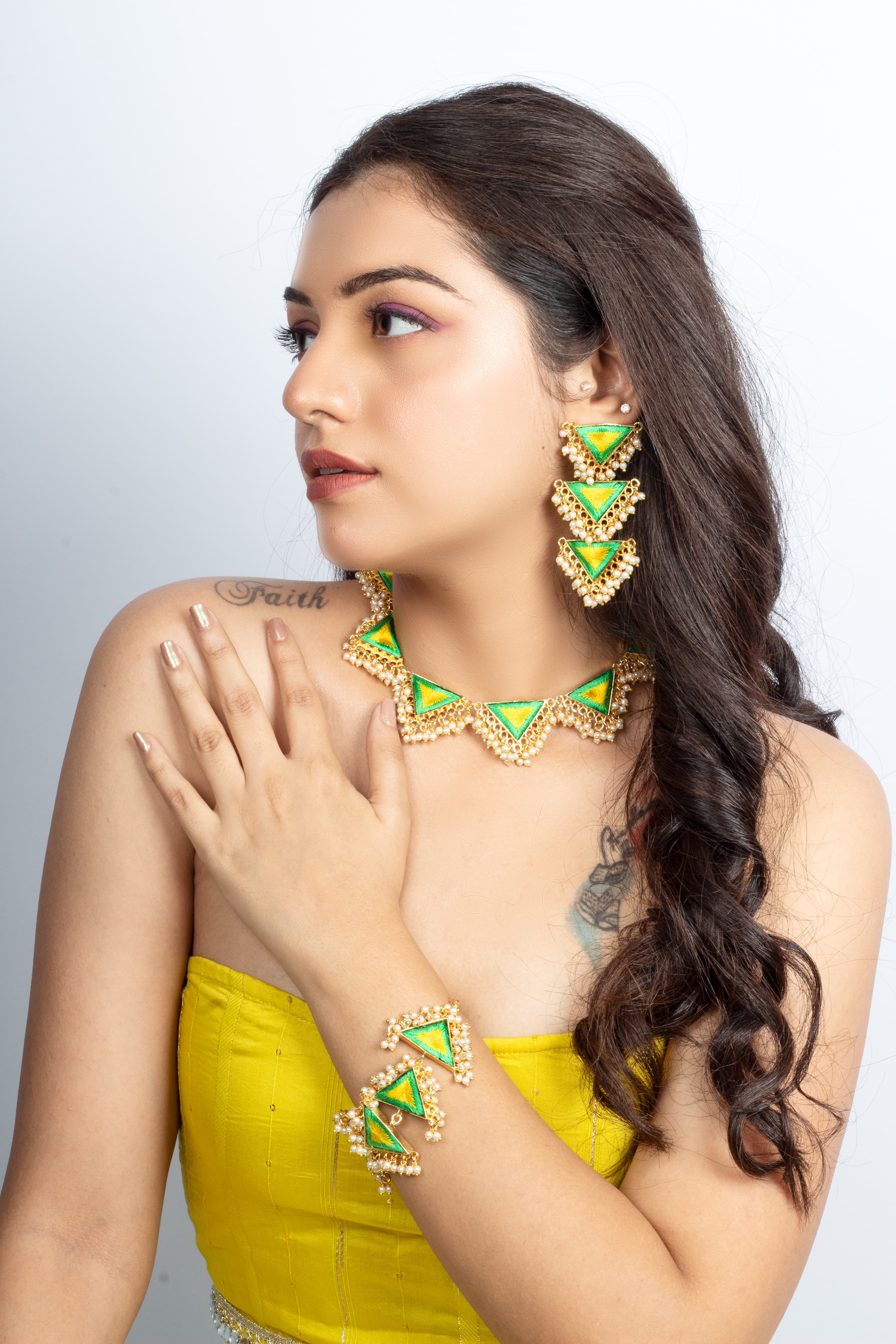 Zenith Green & Poppy Yellow Embroidered Necklace For Haldi