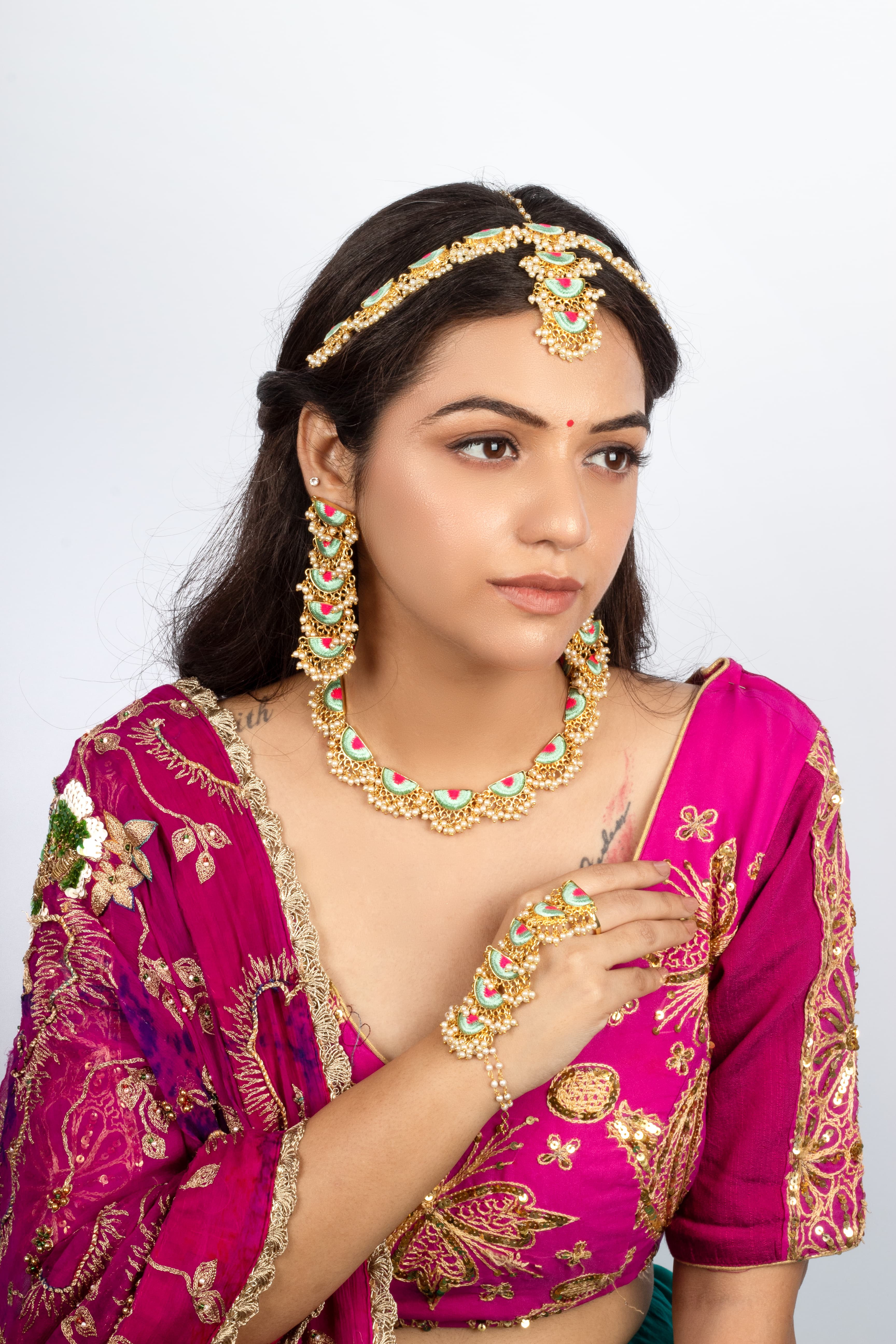 Mint Petal & Lotus Pink Embroidered Haldi Necklace
