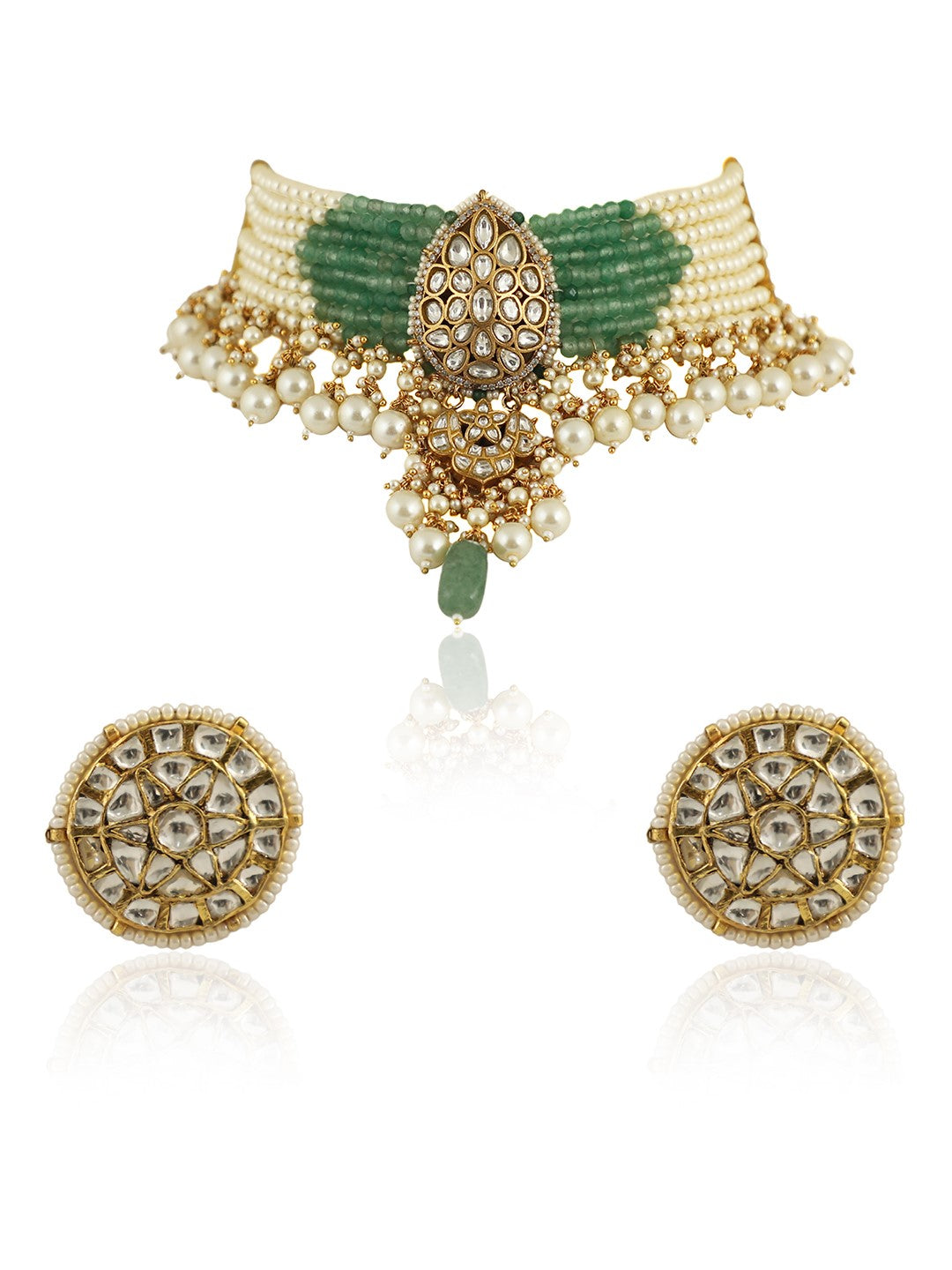 A 22Kt Gold Plated Choker With Its Unique Shape In Sea Green And Pearls