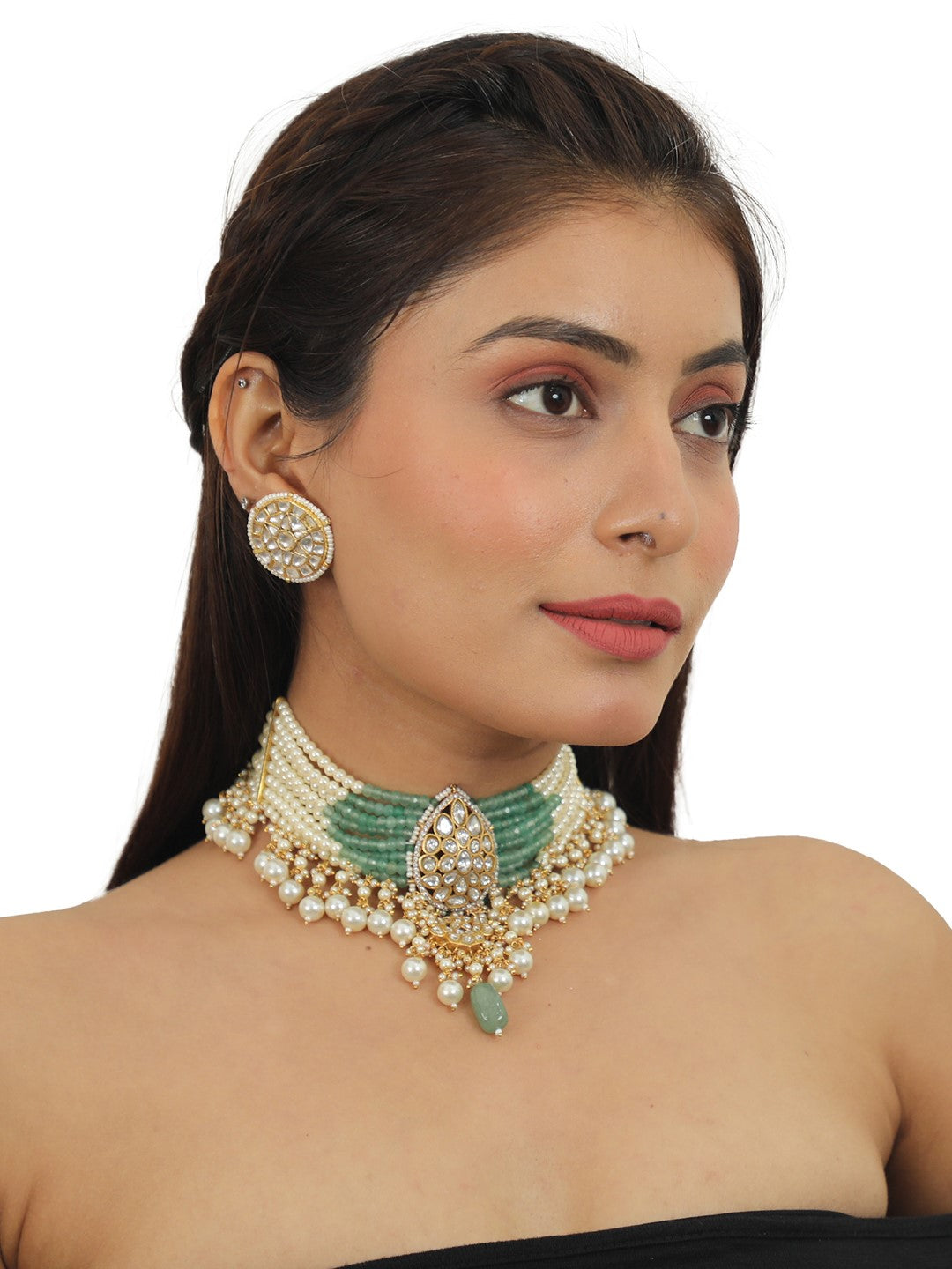 A 22Kt Gold Plated Choker With Its Unique Shape In Sea Green And Pearls