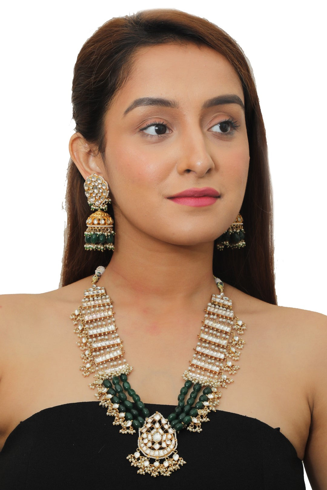 Traditional Wear Green Gold Plated Long Necklace With Jhumka
