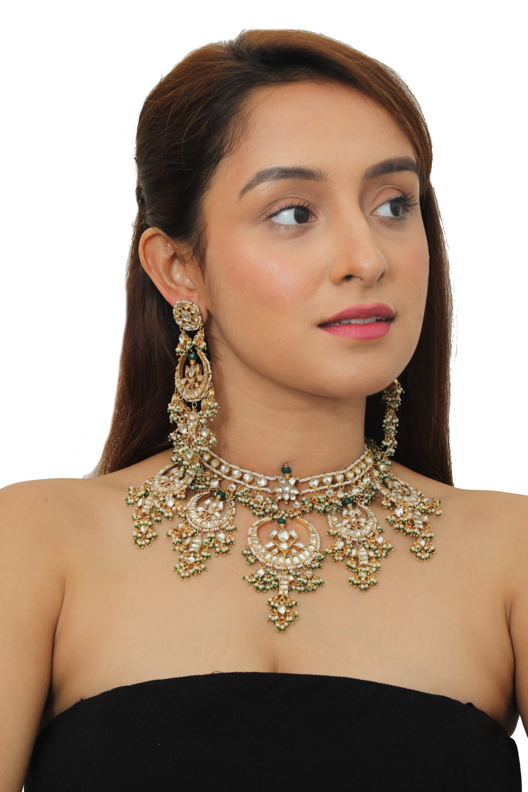 Emerald Green Beaded Jadau Necklace Set