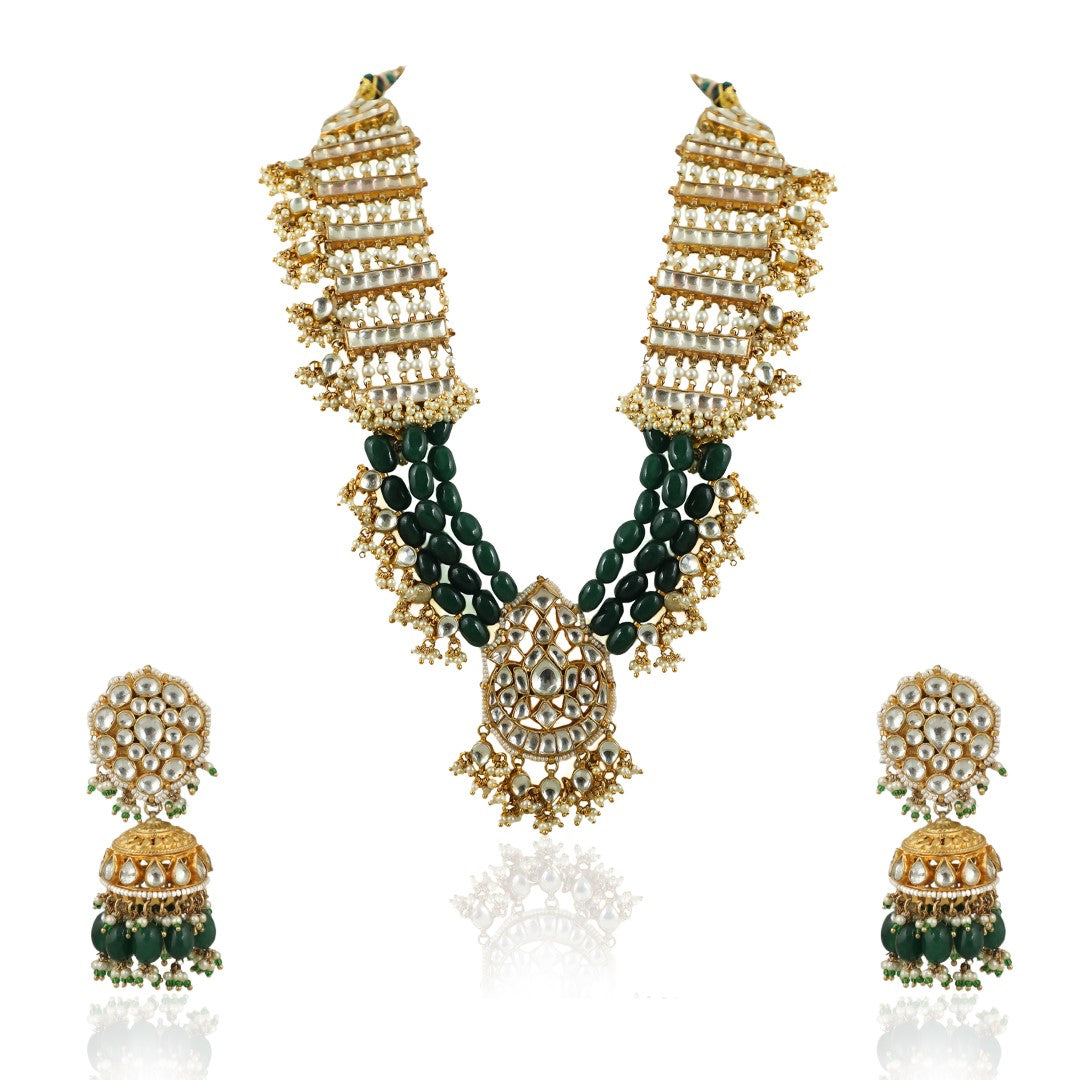 Traditional Wear Green Gold Plated Long Necklace With Jhumka