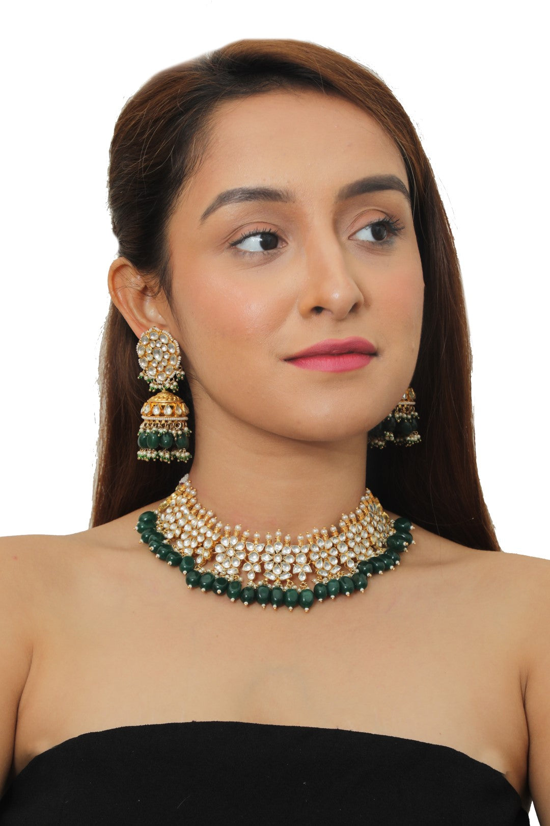 Emerald Green Beads Gold Plated Choker Set 1