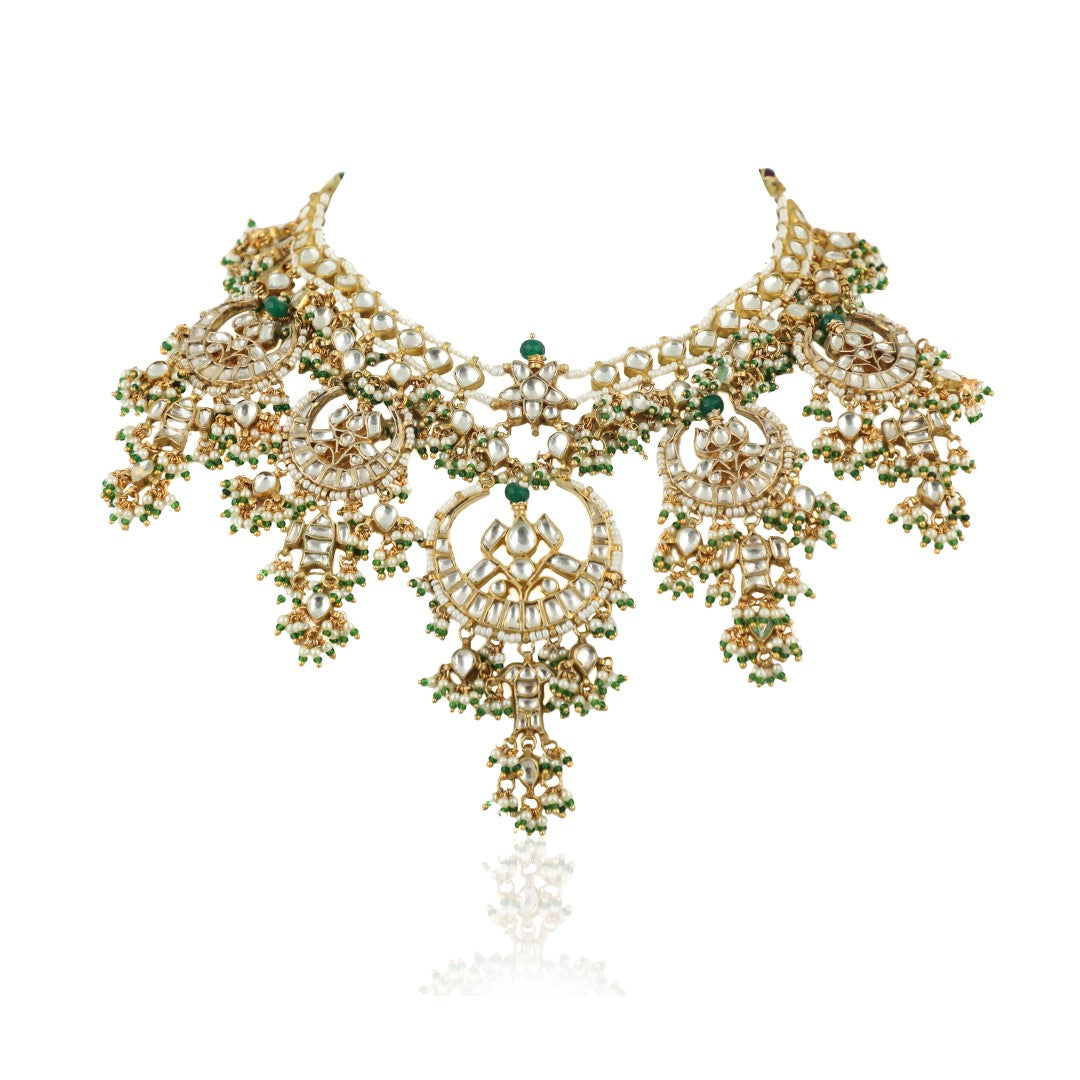 Emerald Green Beaded Jadau Necklace Set