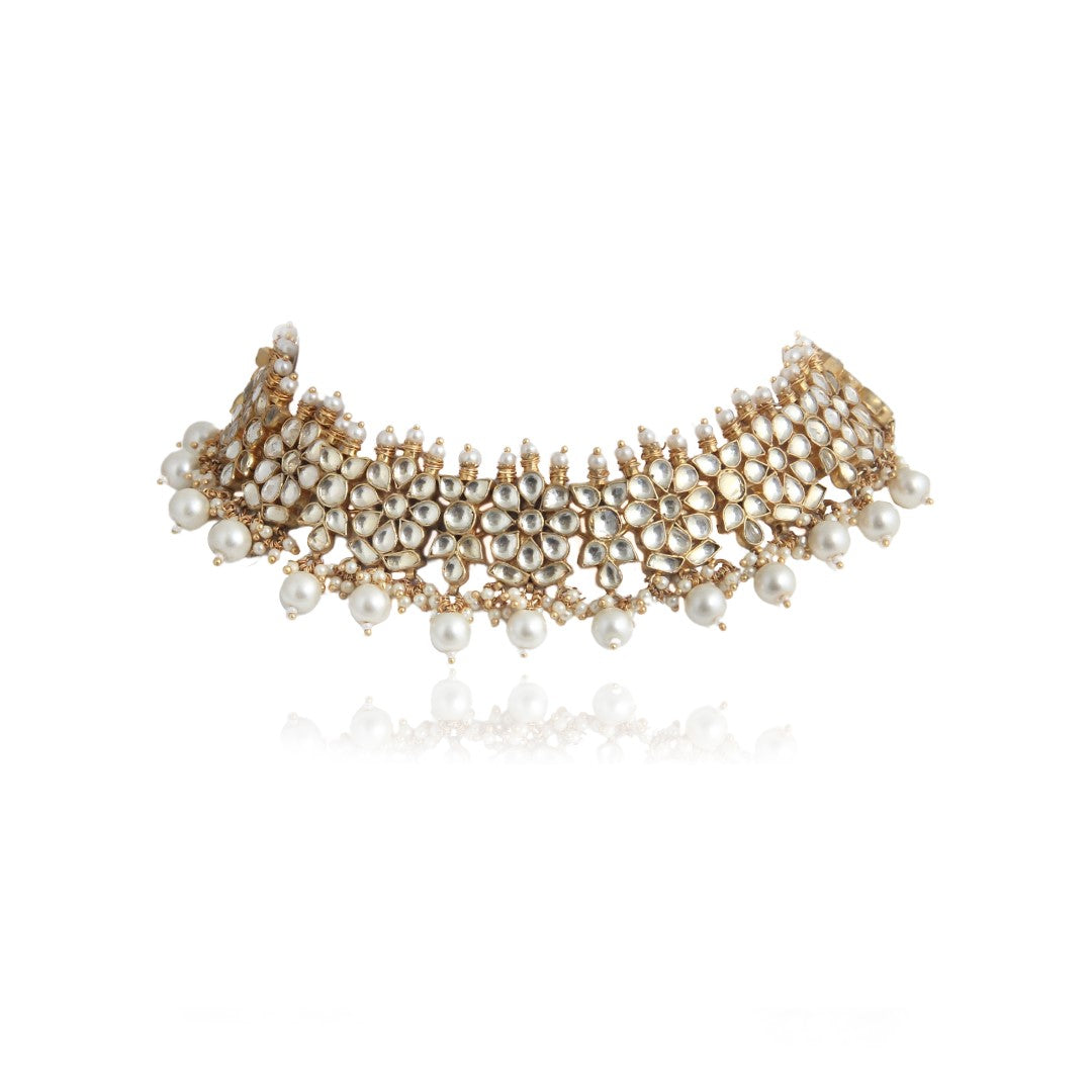 White Pearl Beaded Floral Choker Set