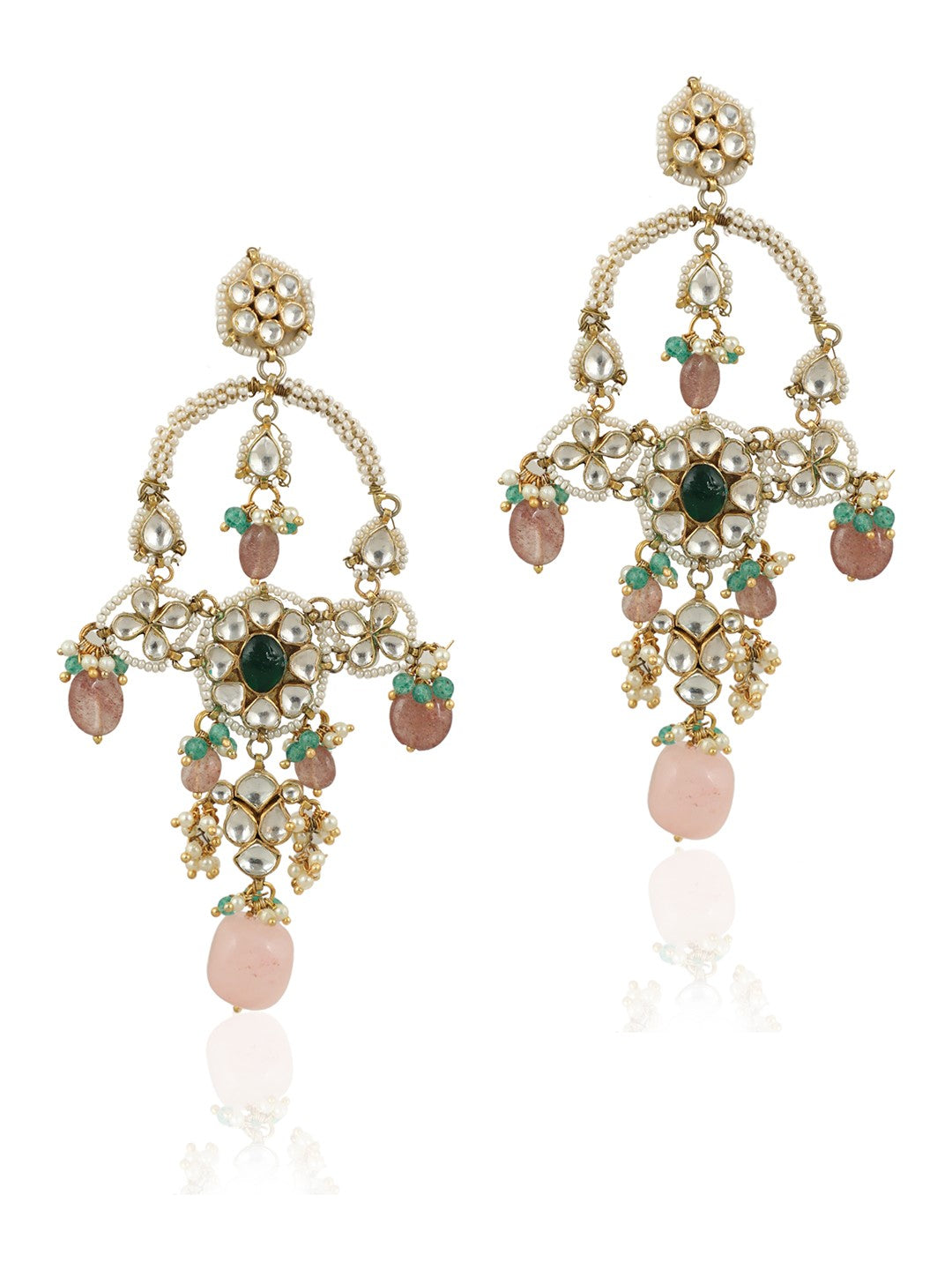 Light Pink Beaded With Green Stones Chandbaali