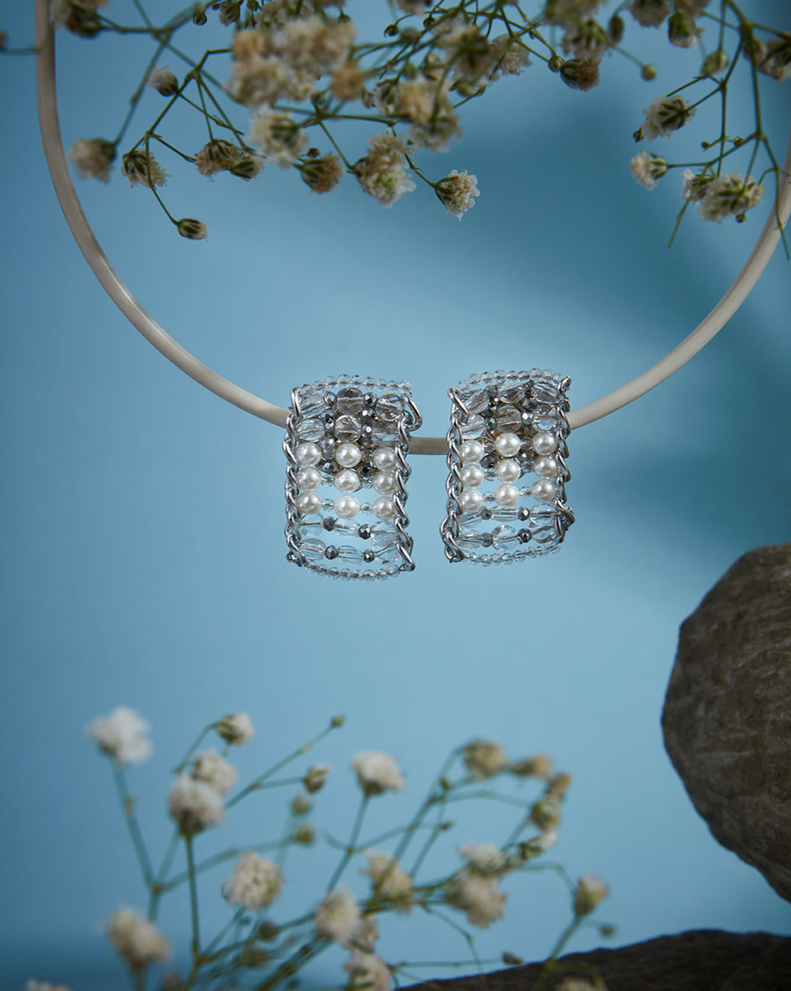 Metallic silver studs with pearls and crystals