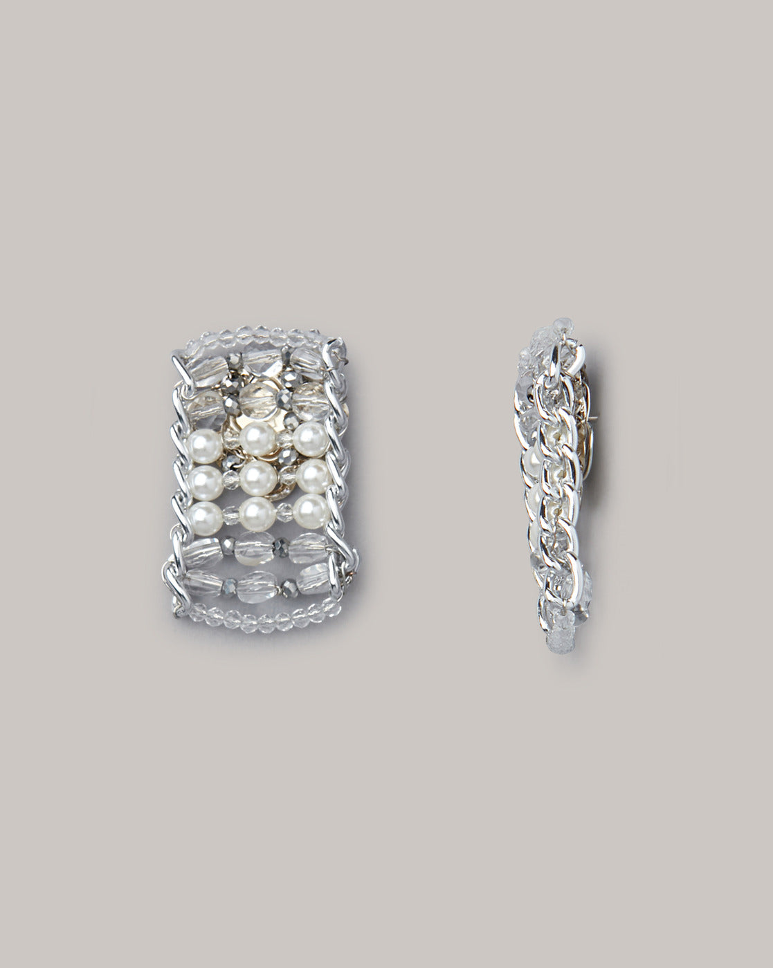 Metallic silver studs with pearls and crystals