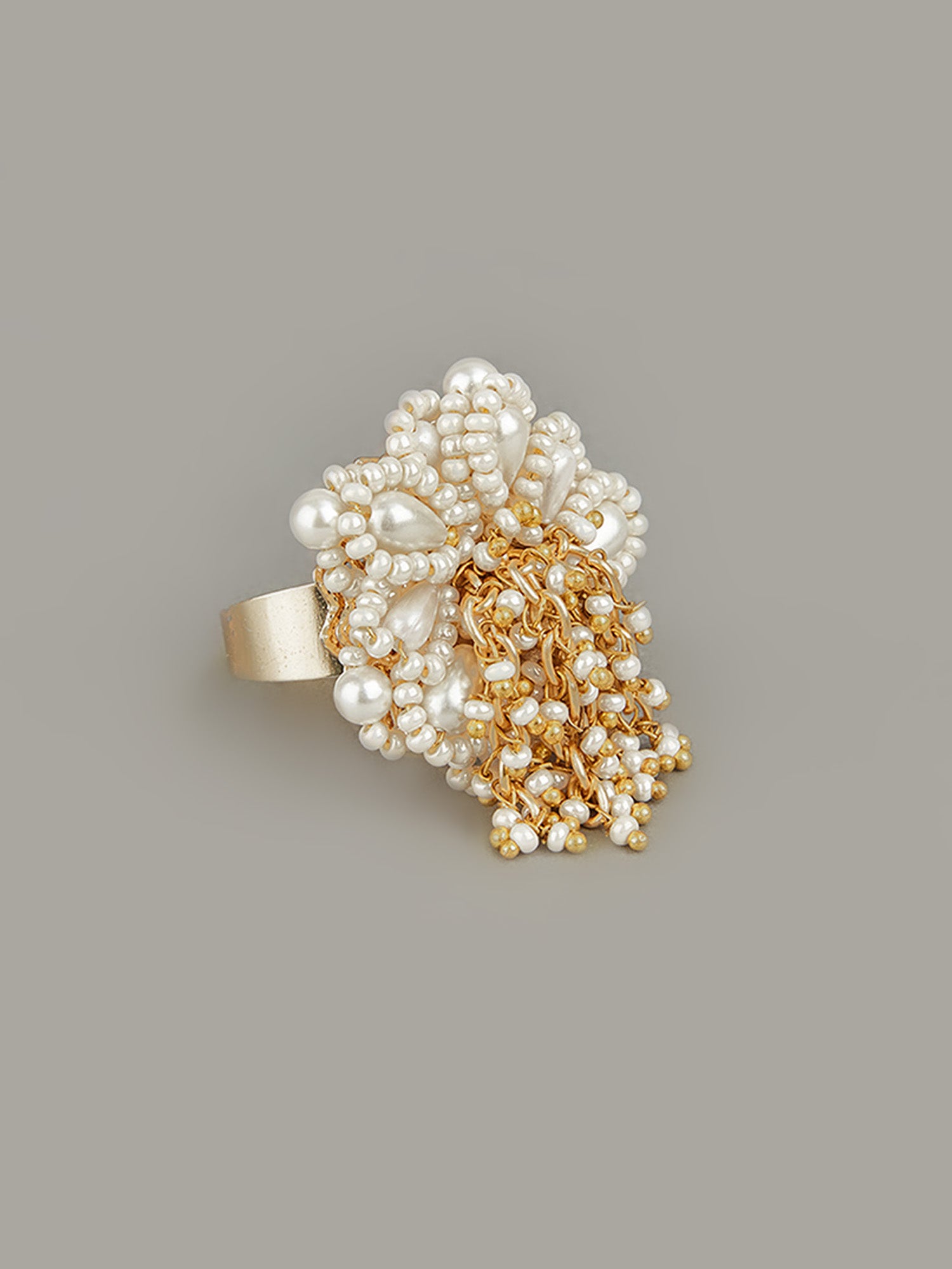 Designer white pearls and golden hoops finger ring