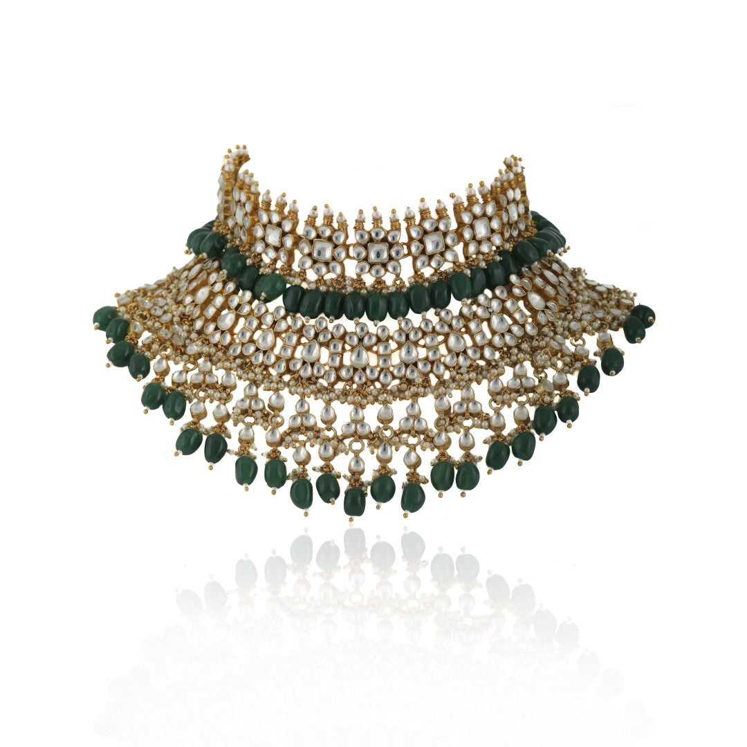 White And Green Jadtar Stone 2 Line Choker With Jhumki Bridal Set
