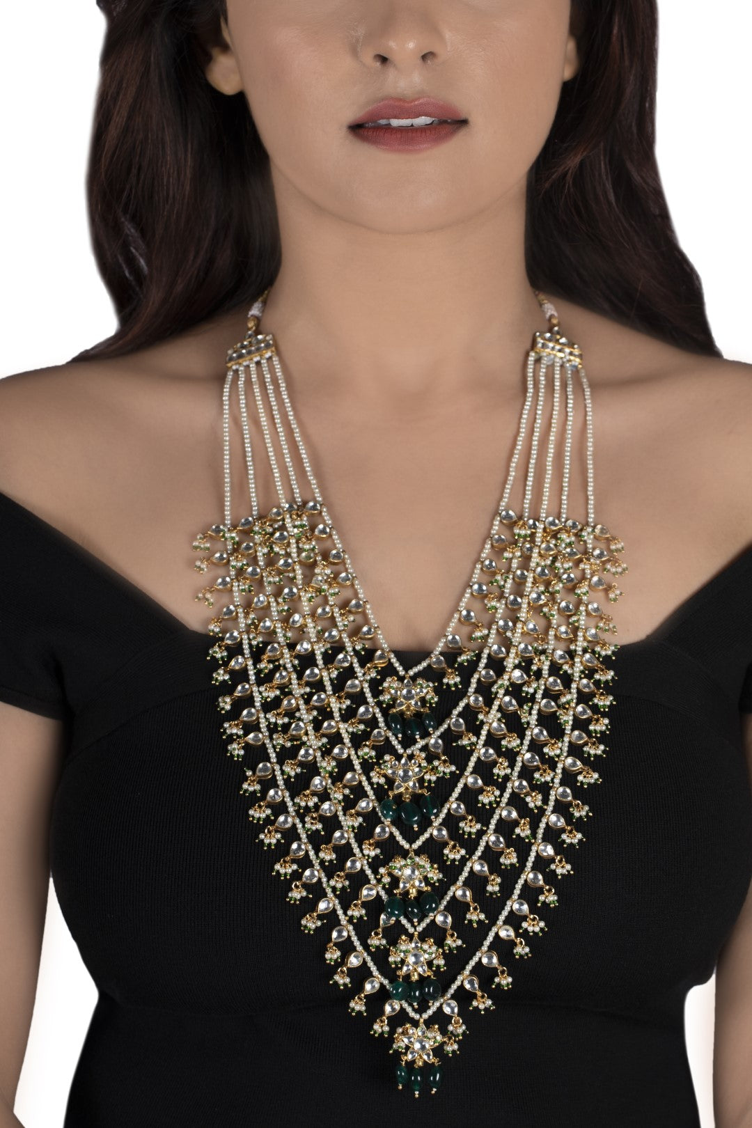 Green And White 5 Line Set Middle Flower Shape On Pearl String