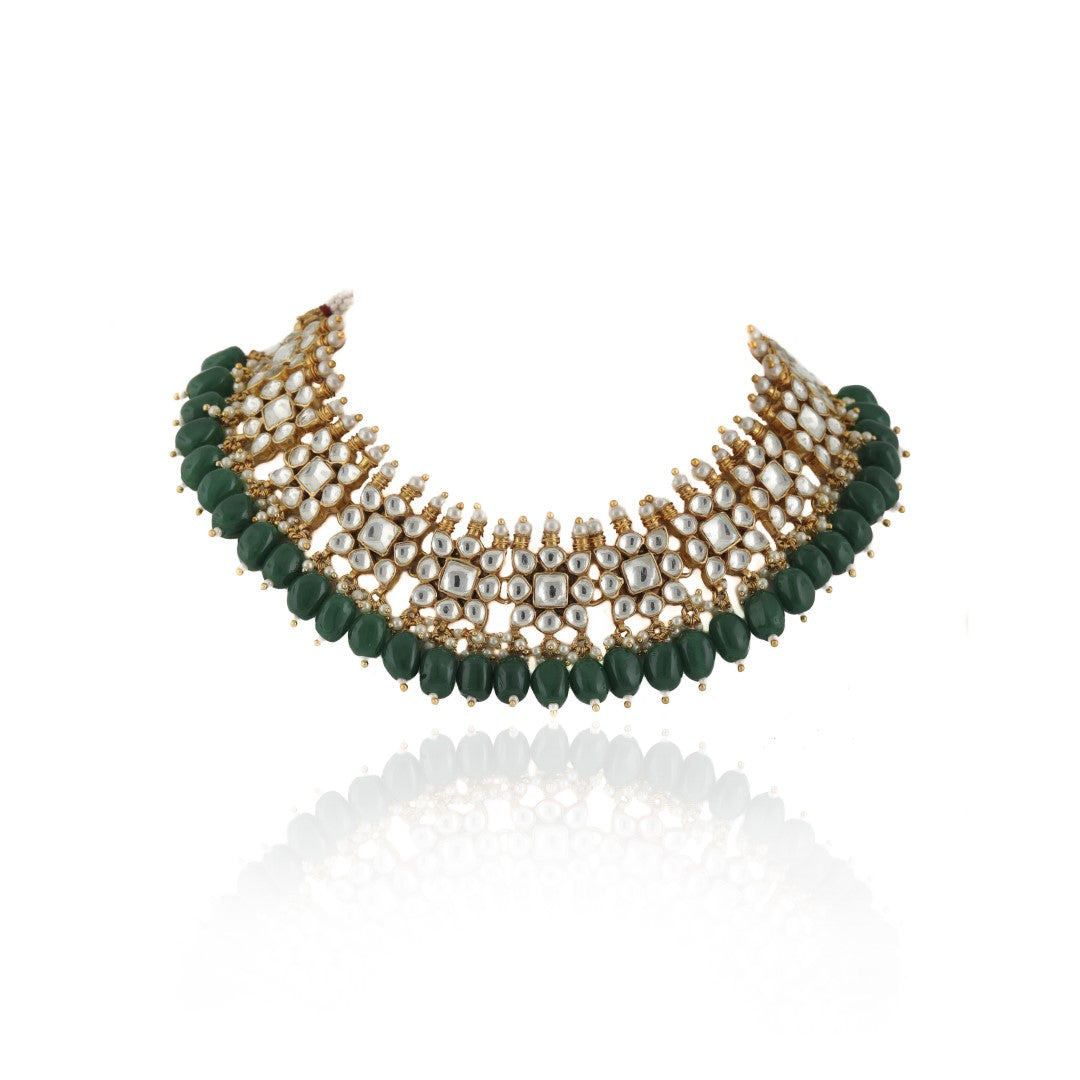 Small One Layer Choker Hanging With Green Beads With Star Shaped Jhumki
