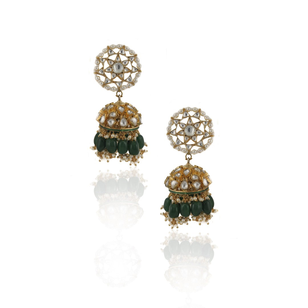 Traditional Wear Green White Necklace With Jhumka