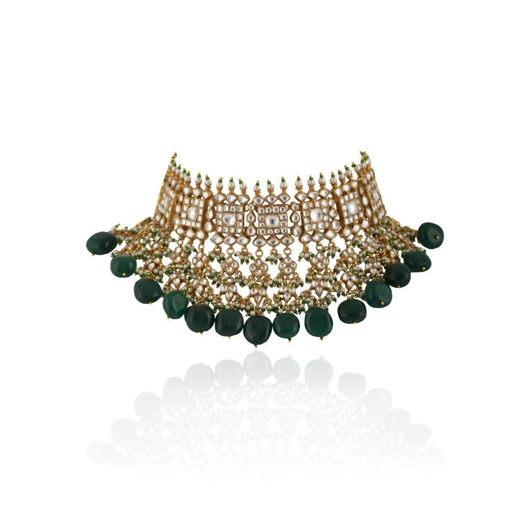 Traditional Wear Green White Necklace With Jhumka