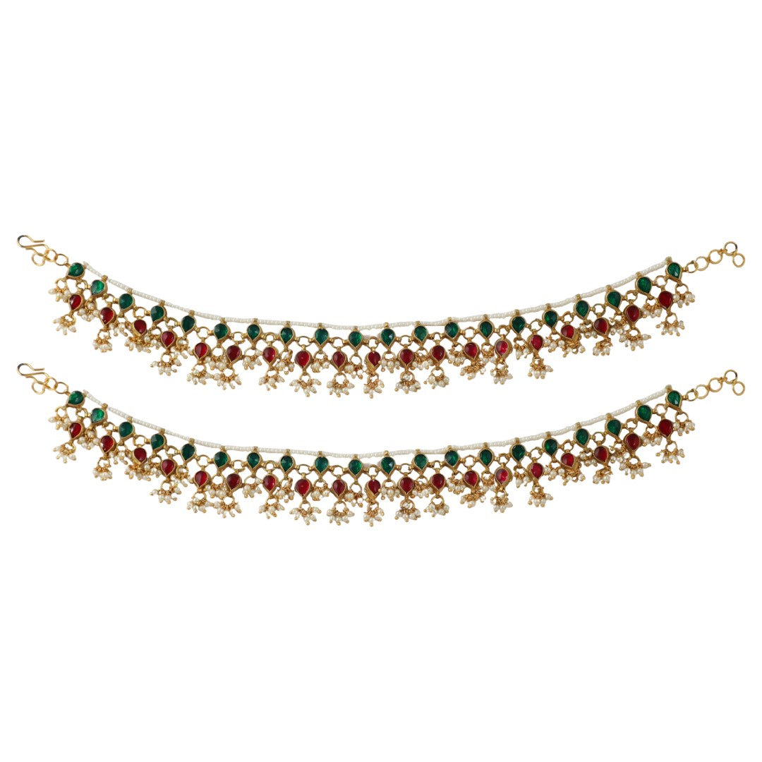 Red & Green Gold Plated Payal(Pair)