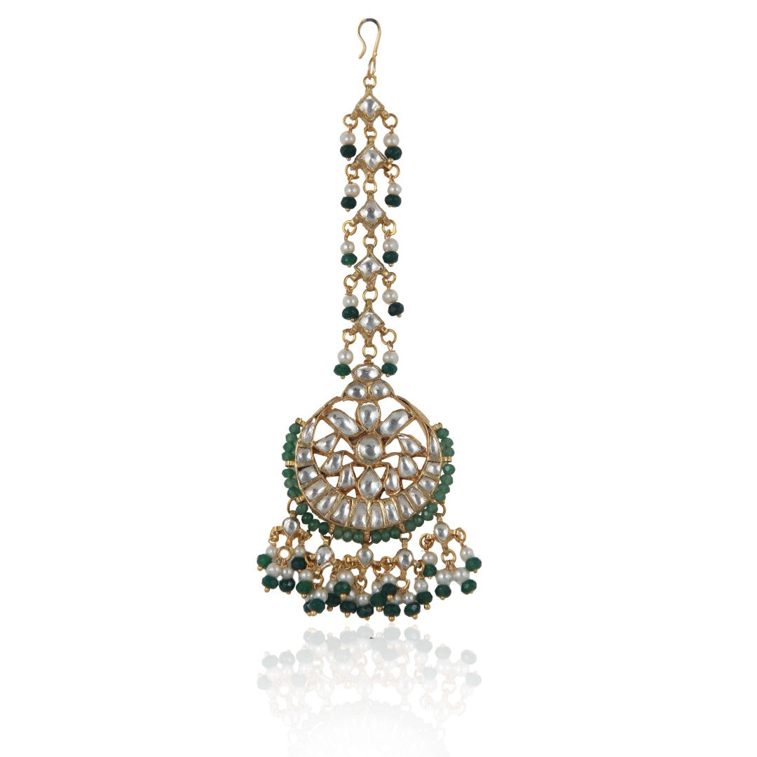 Green & White Gold Plated Maangtikka