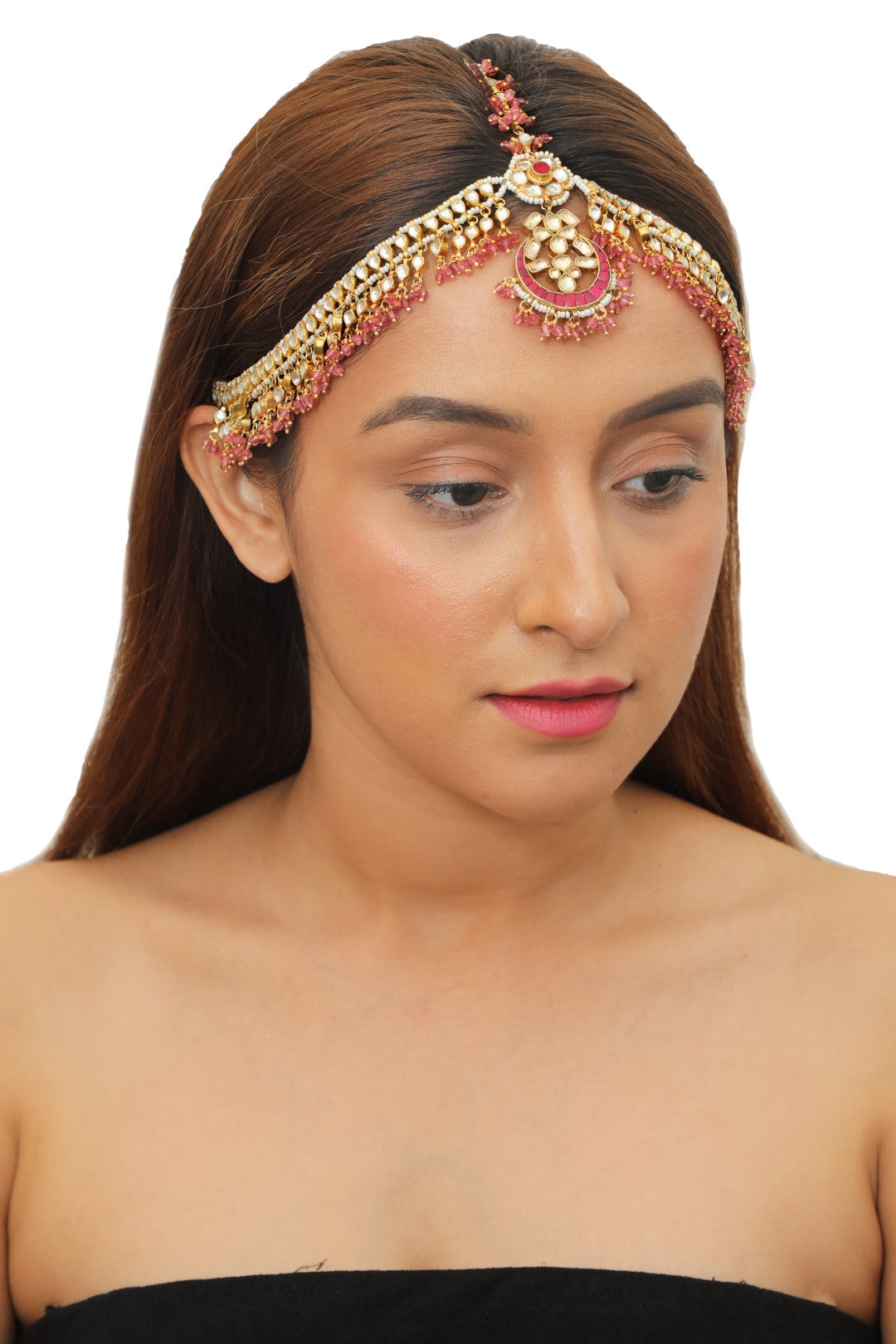 Light Pink Hangings Gold Plated Mathapatti