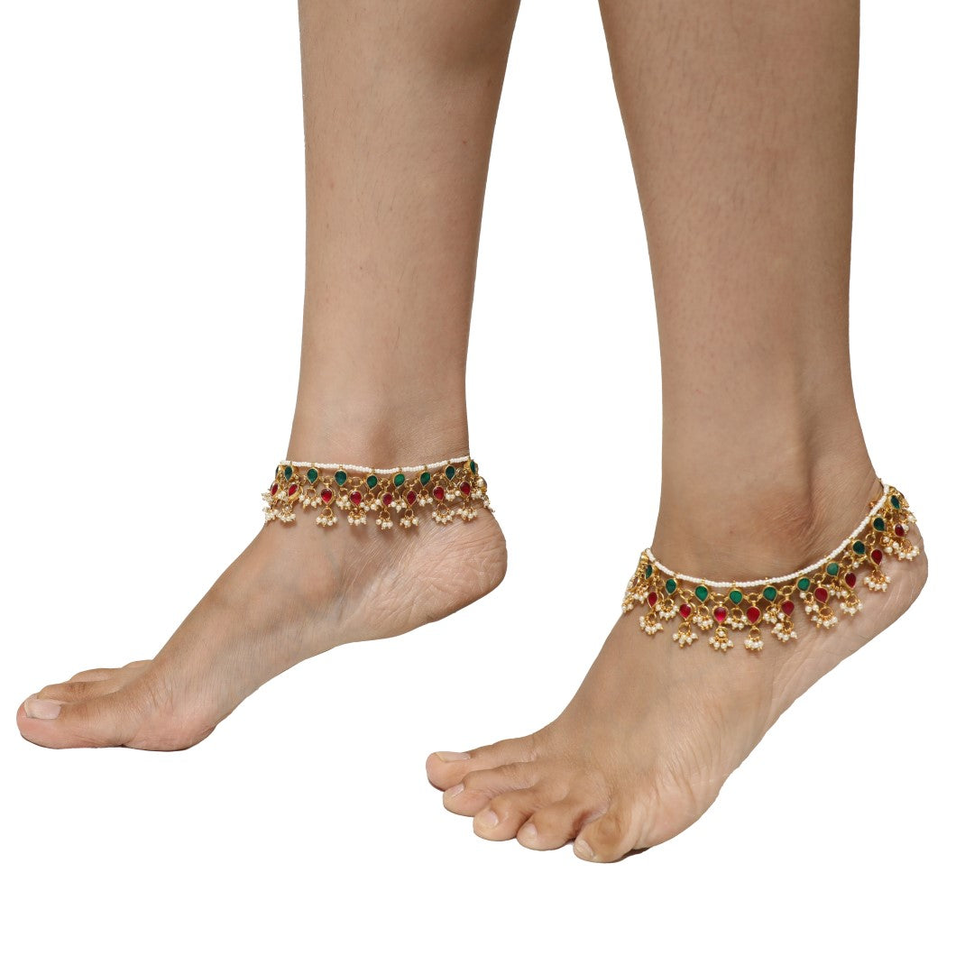Red & Green Gold Plated Payal(Pair)
